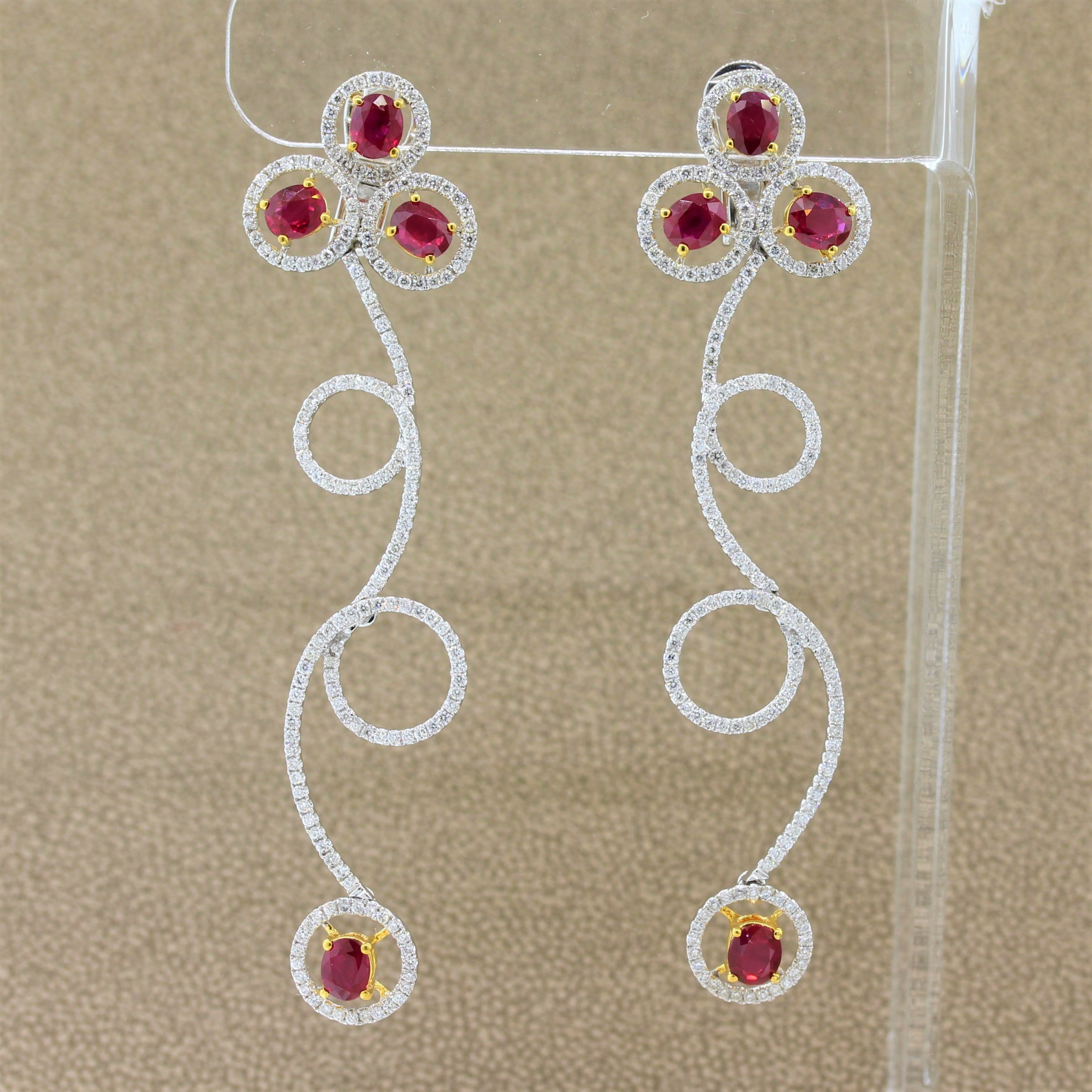 Ruby Diamond Gold Drop Spiral Earrings