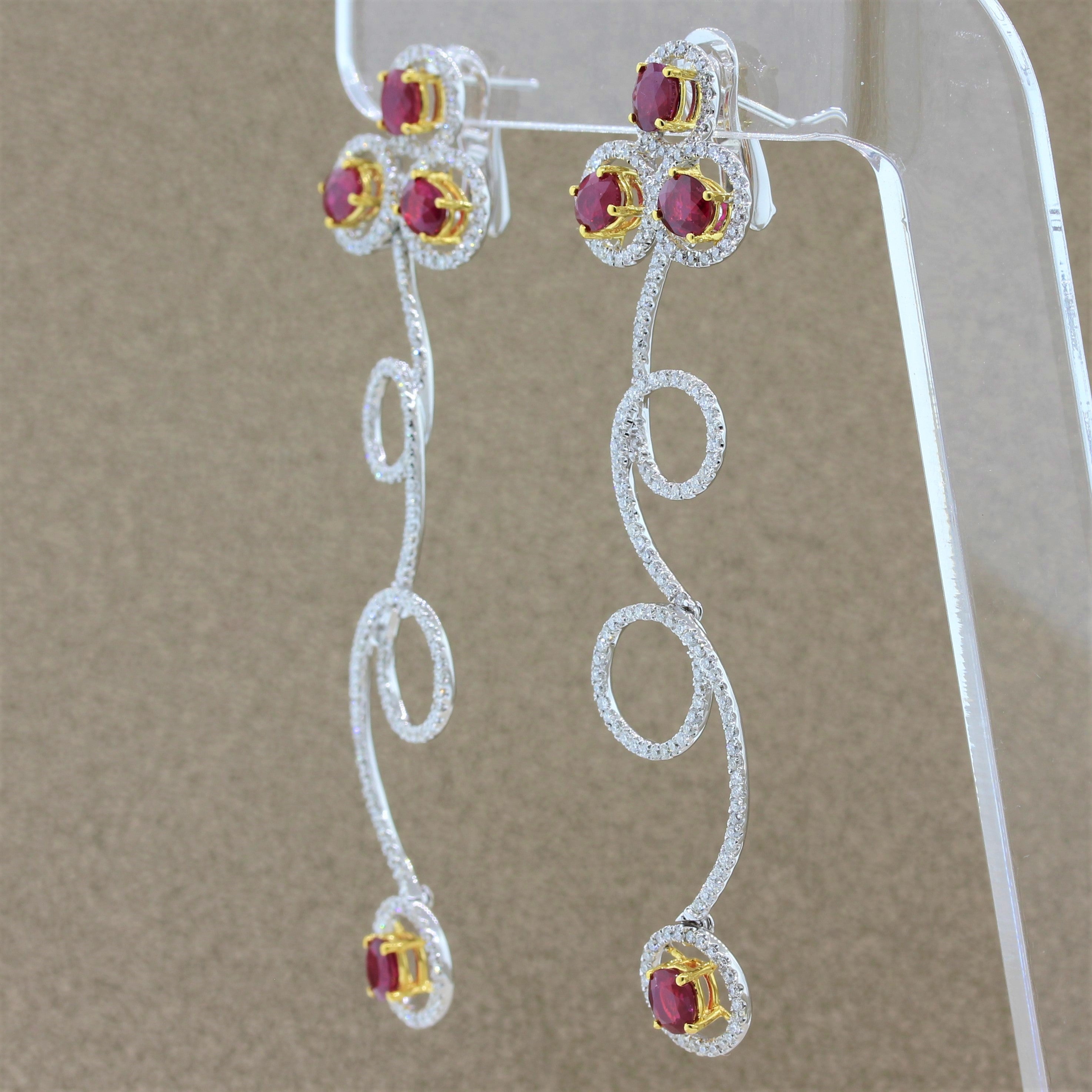 Ruby Diamond Gold Drop Spiral Earrings