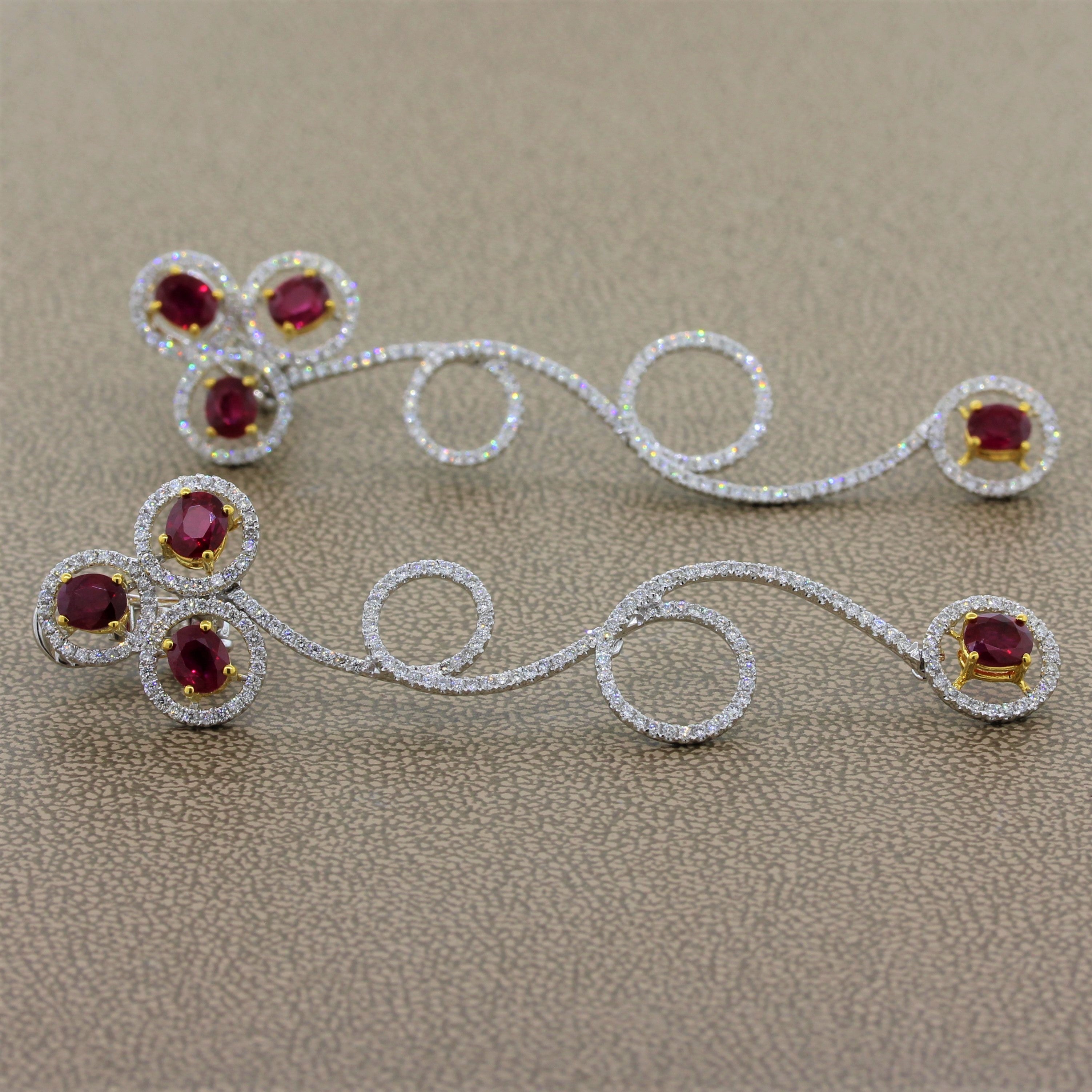 Ruby Diamond Gold Drop Spiral Earrings