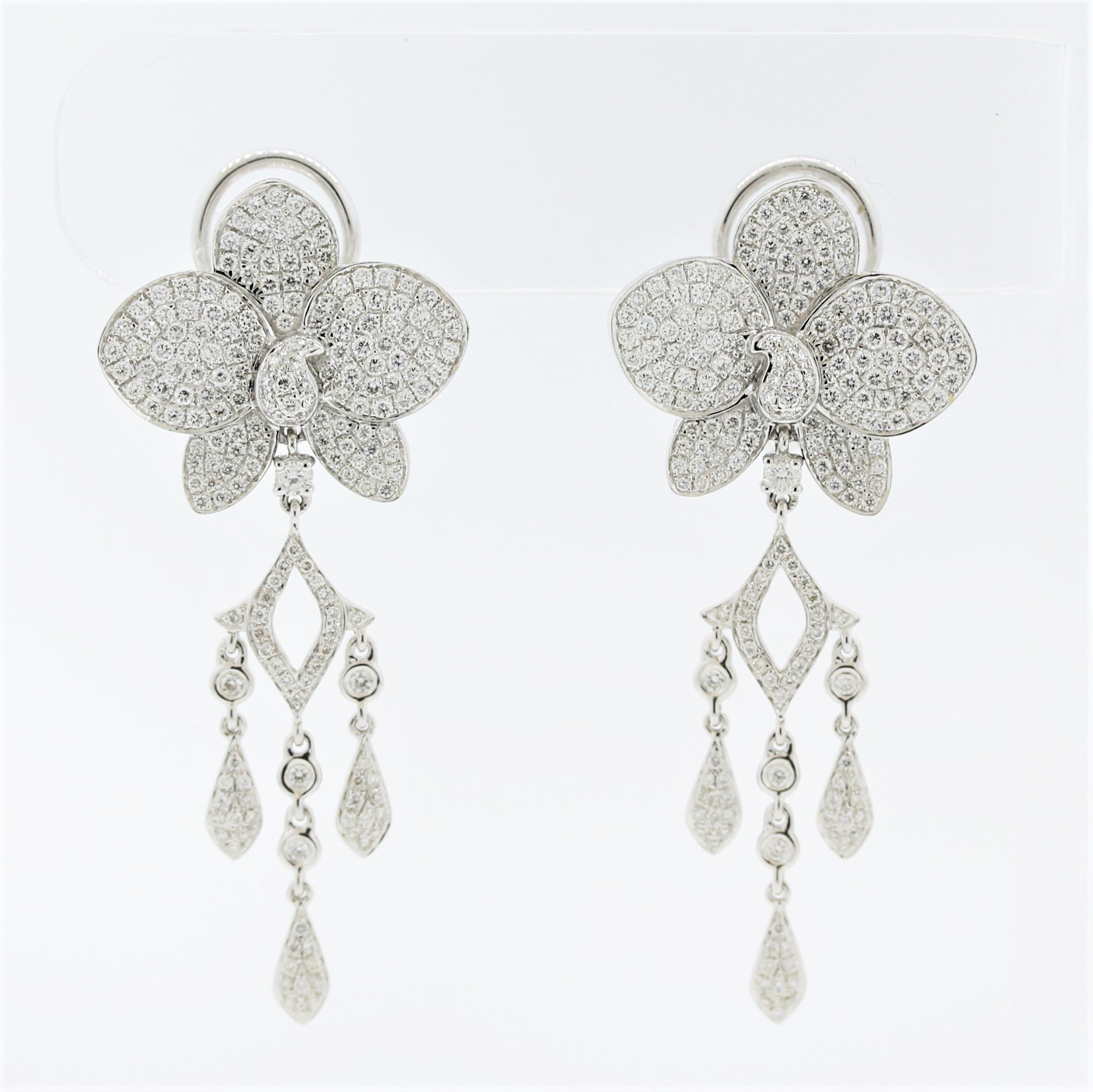 Diamond Flower Pave Gold Dangle Drop Earrings