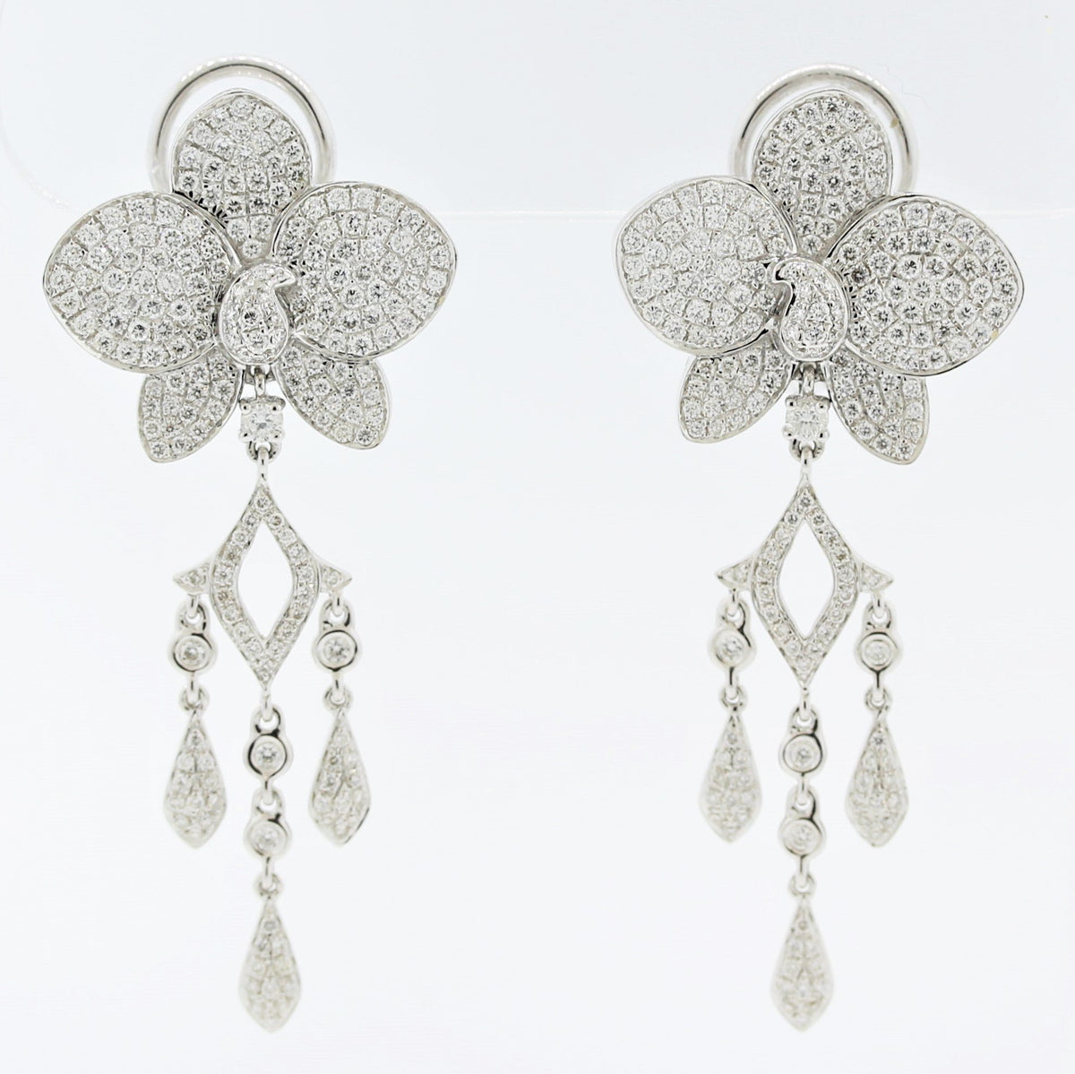 Diamond Flower Pave Gold Dangle Drop Earrings