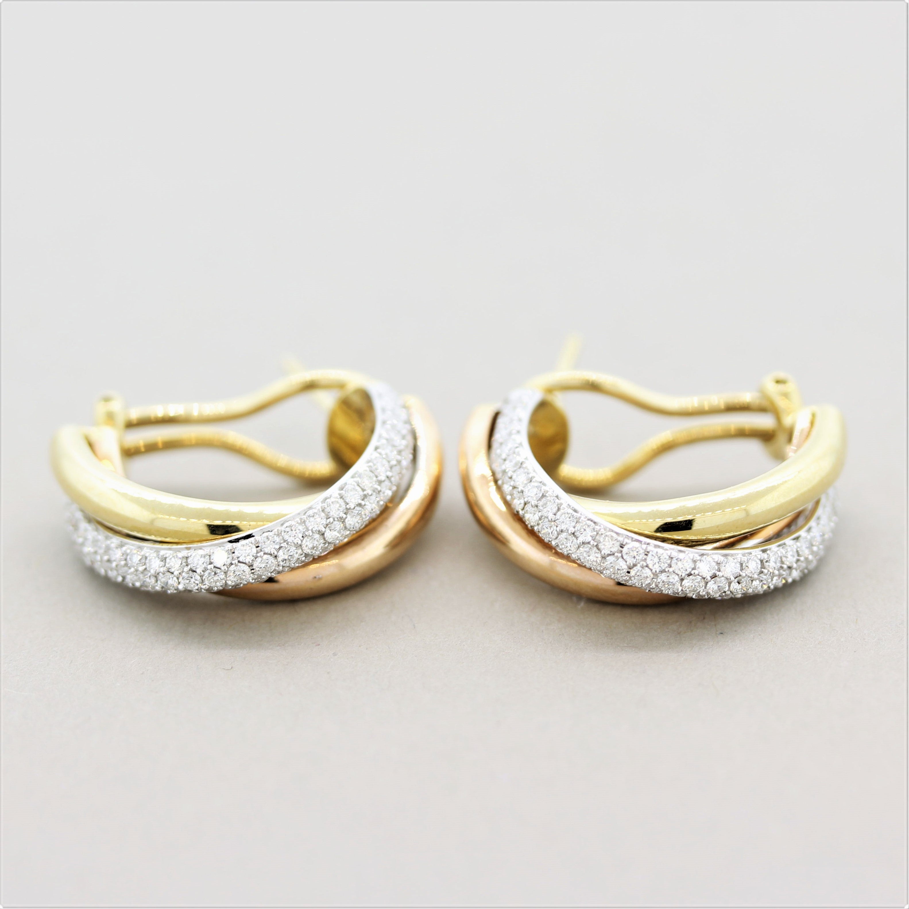 Diamond Tri-Tone Gold Hoop Earrings