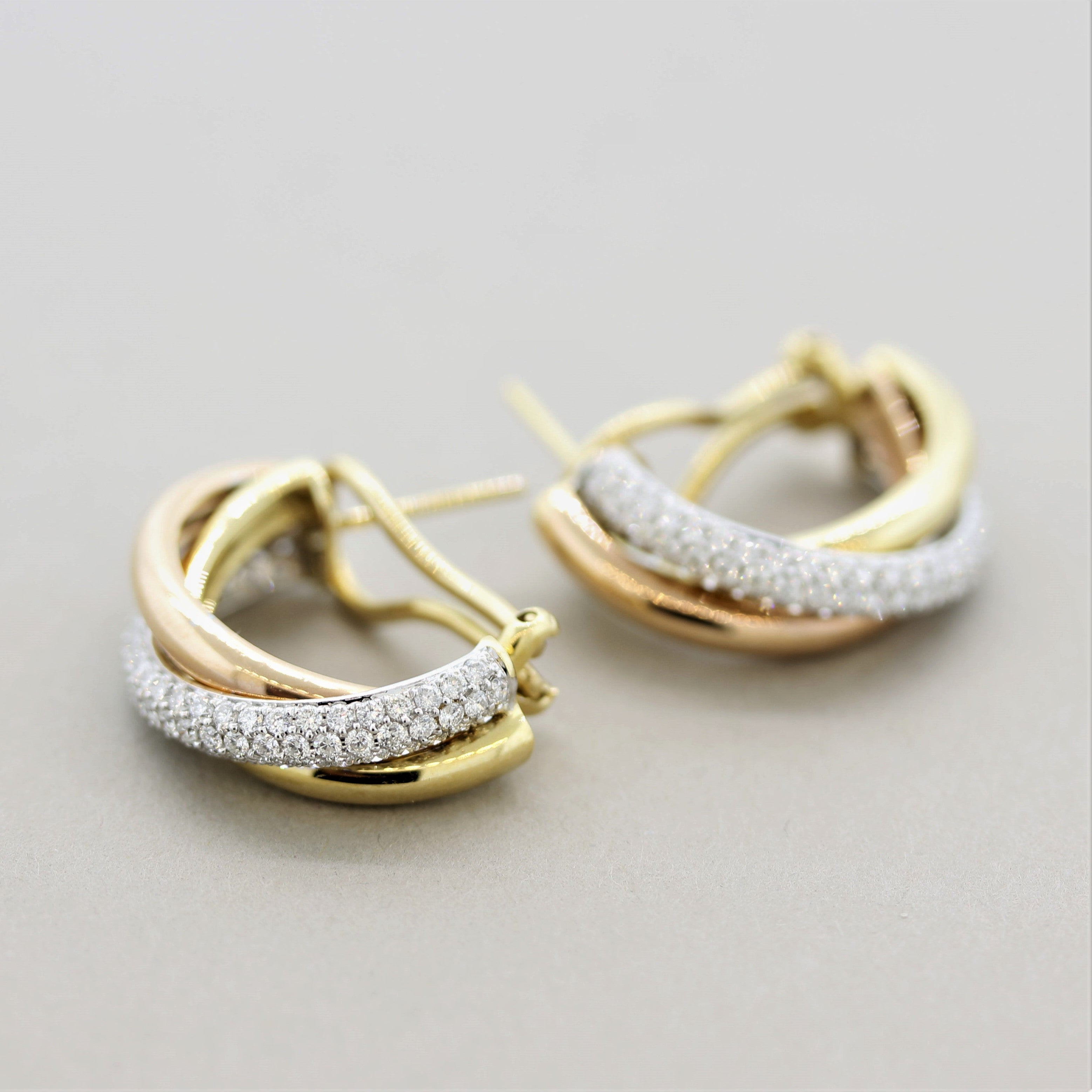 Diamond Tri-Tone Gold Hoop Earrings