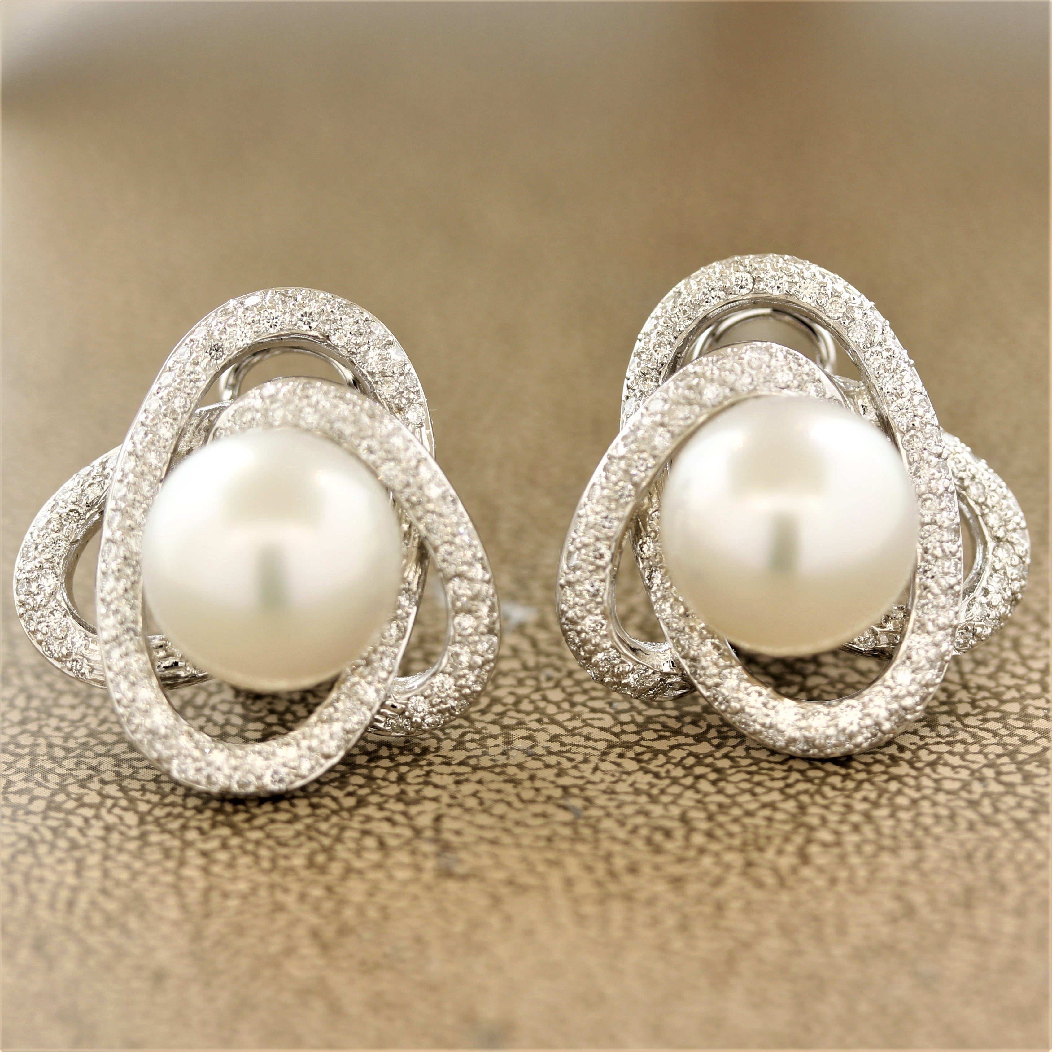 South Sea Pearl Diamond Gold Spiral Earrings