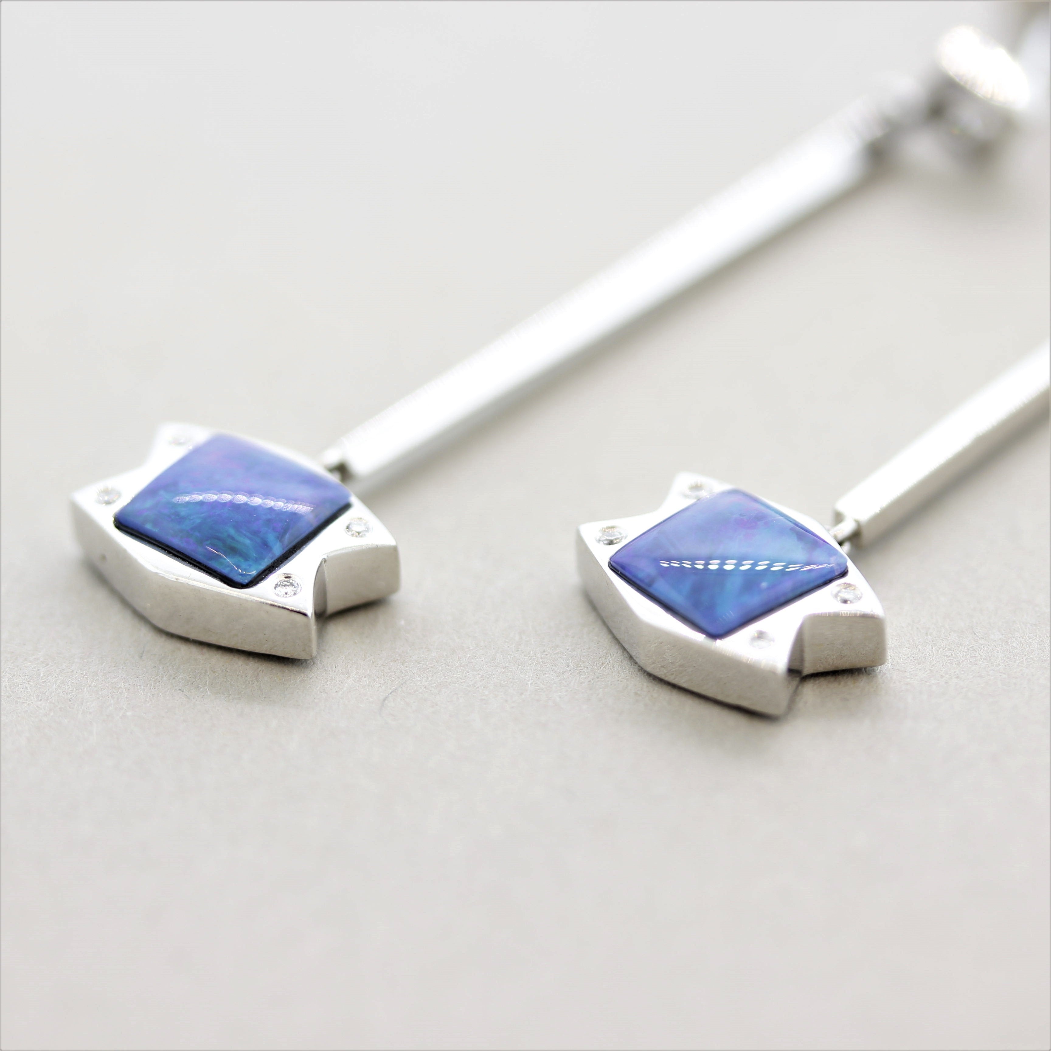 Australian Opal Diamond Gold Long Drop Earrings