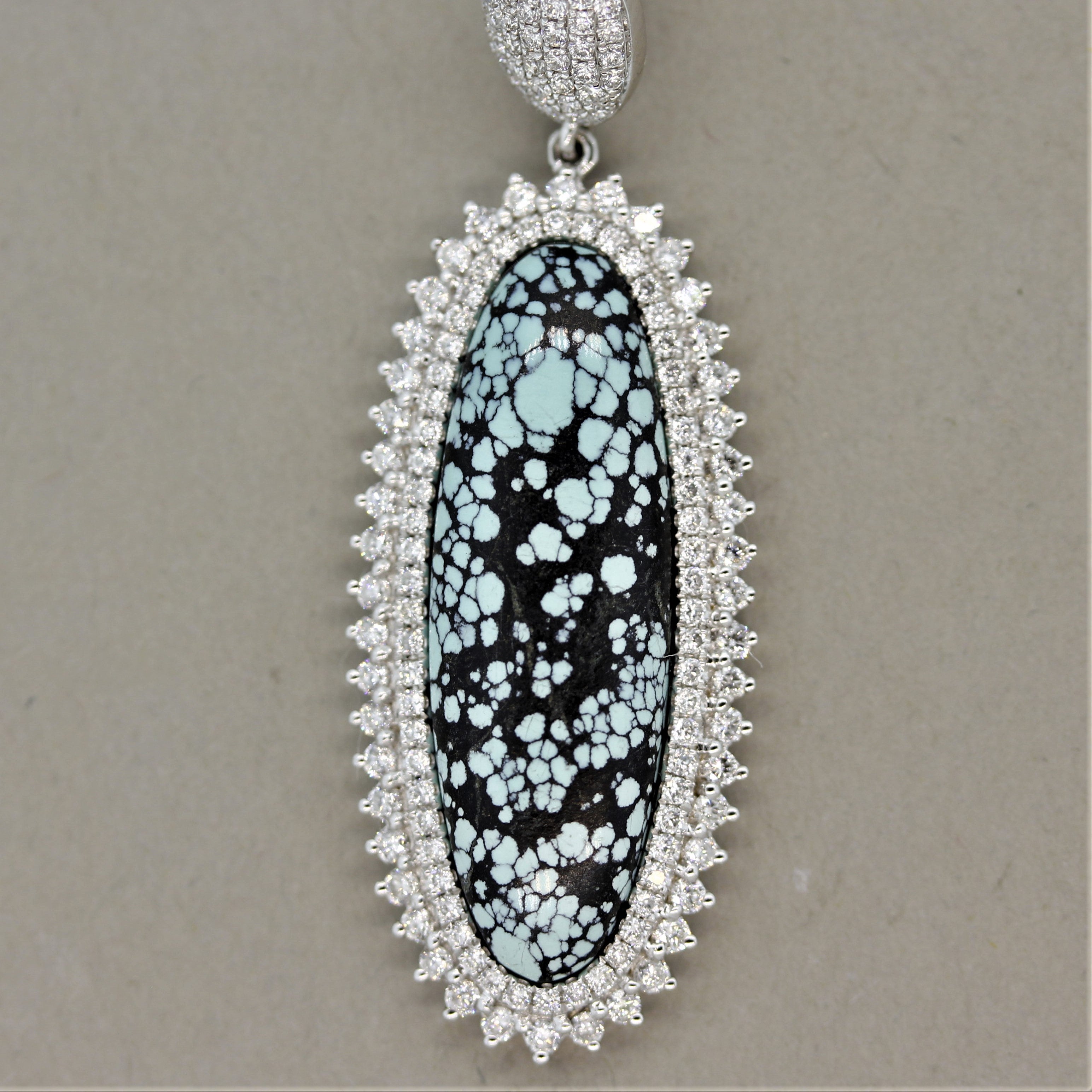 White & Black Diamond Turquoise Gold Drop Earrings