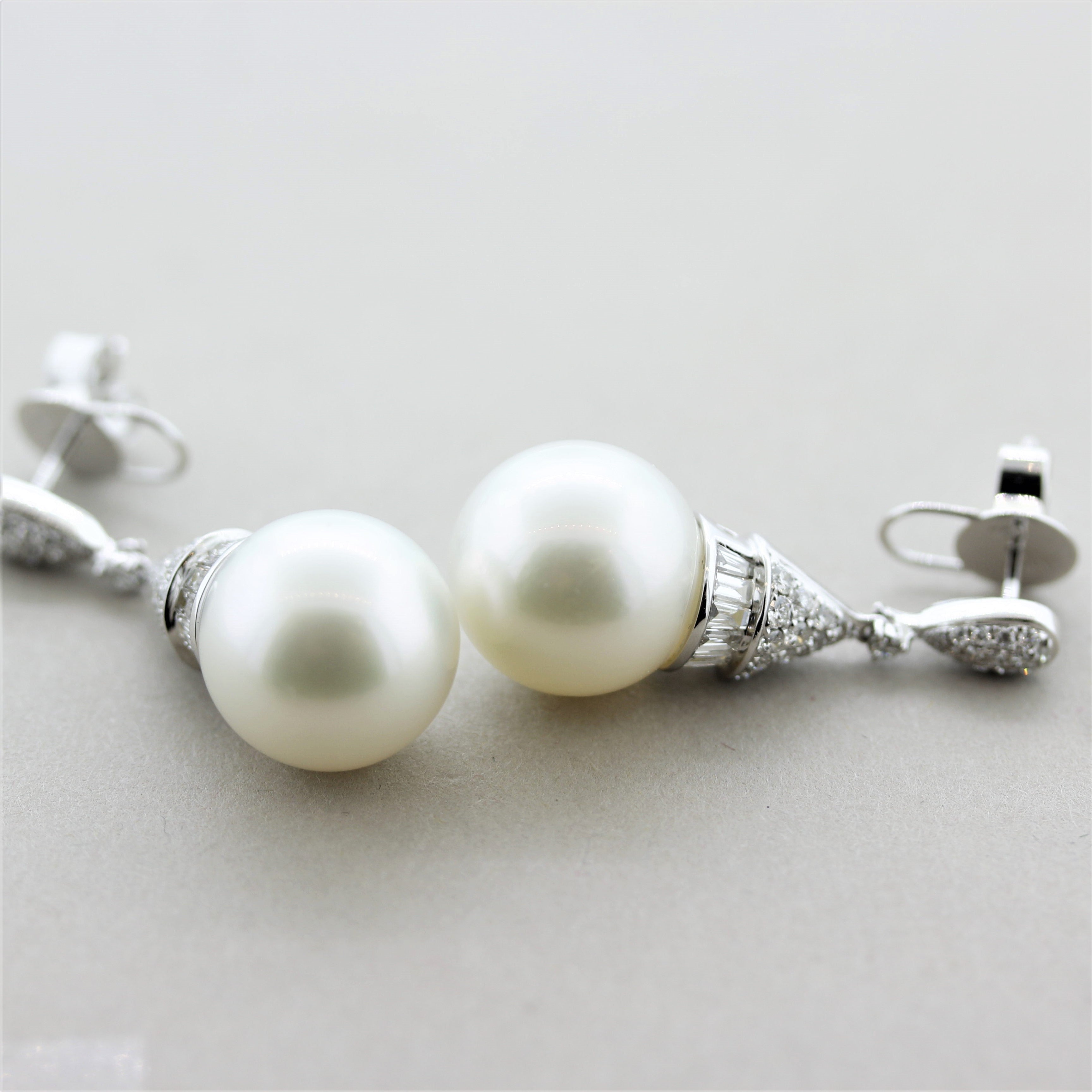 Fine South Sea Pearl Diamond Gold Drop Dangle Earrings