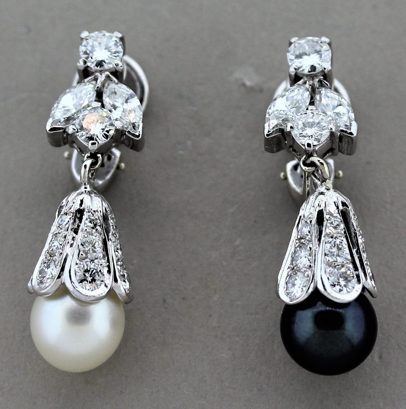 Mid-Century Pearl Diamond Platinum Drop Earrings