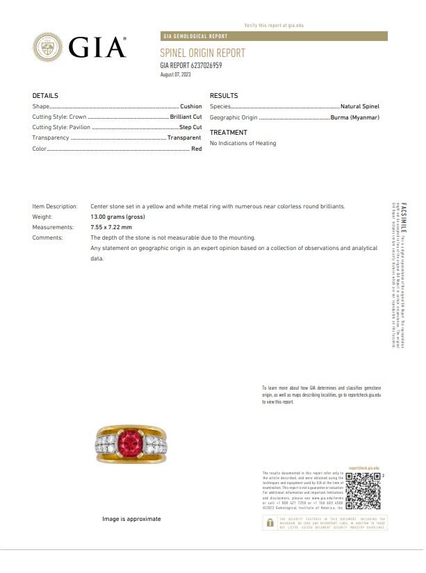 Exceptional 2.28 Carat Burmese Red Spinel Diamond 18K Yellow Gold Ring, GIA Cert