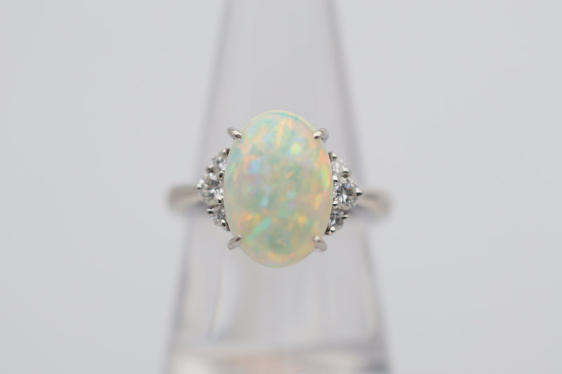 4.83 Carat Superb Australian Crystal Opal Diamond Platinum Ring