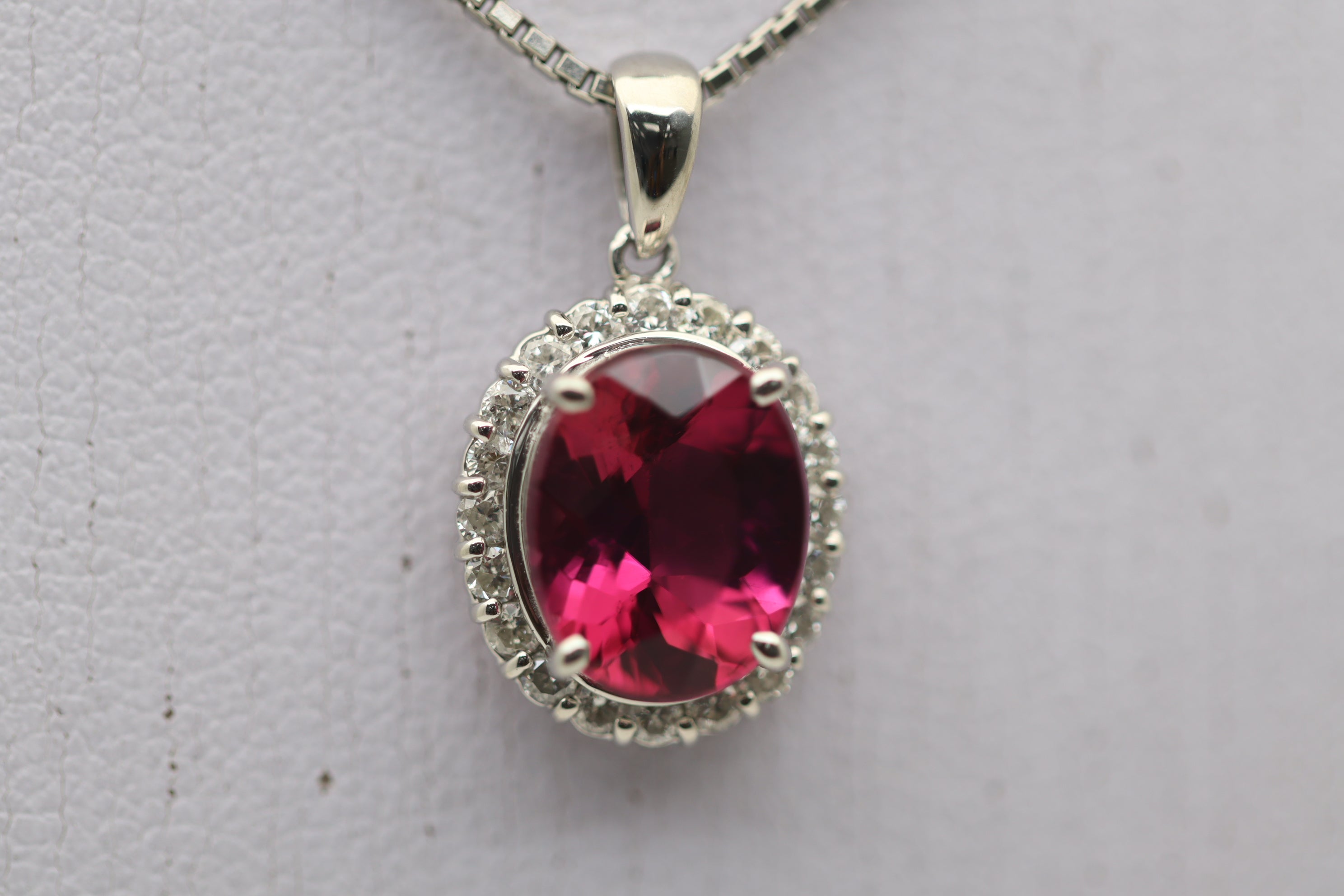 Rubellite Tourmaline Diamond Halo Platinum Pendant