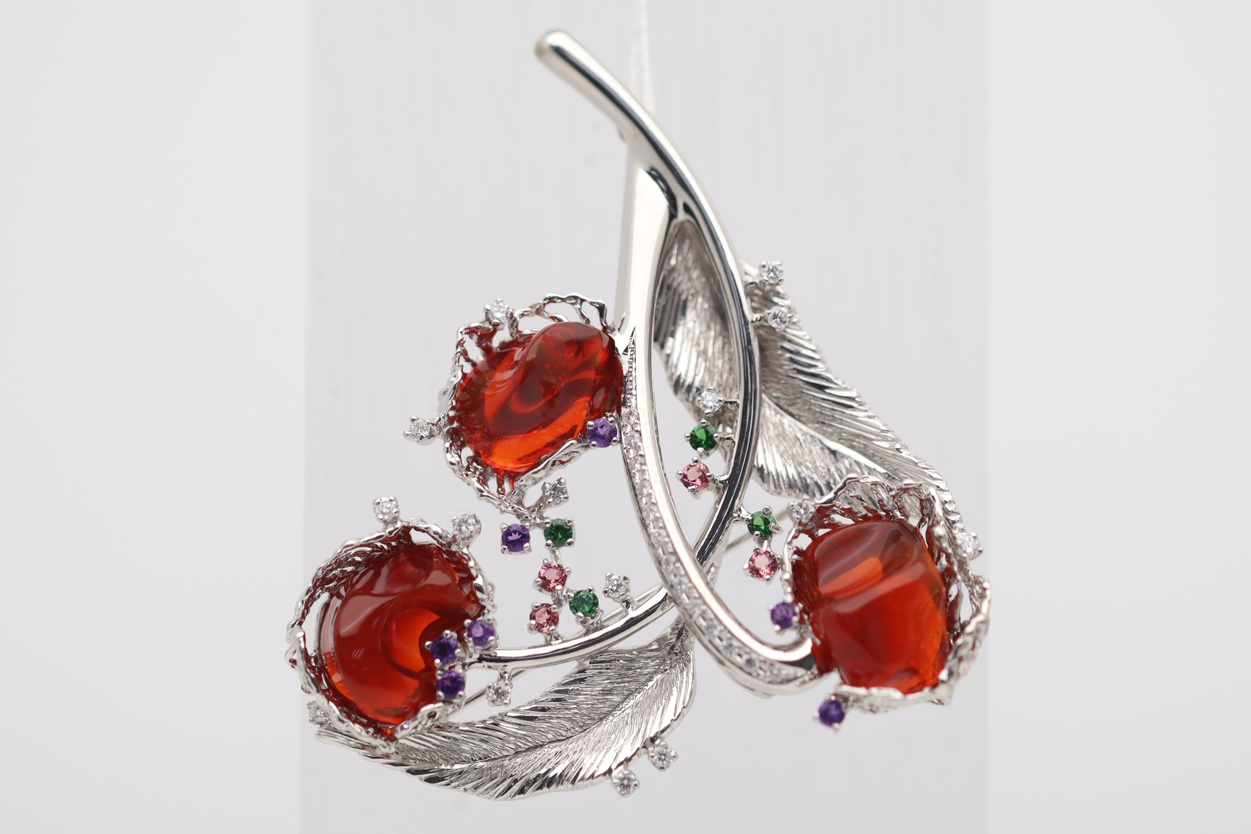 Large Fire Opal Diamond Gemstone Platinum Floral Brooch