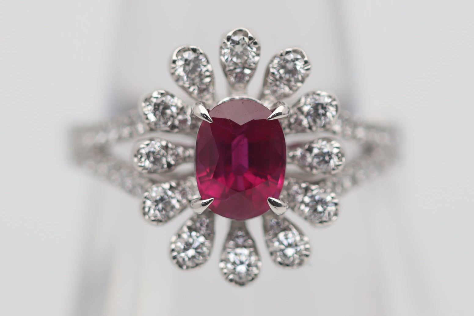1.37 Carat Burmese Ruby Diamond Platinum Flower Ring, GIA Certified