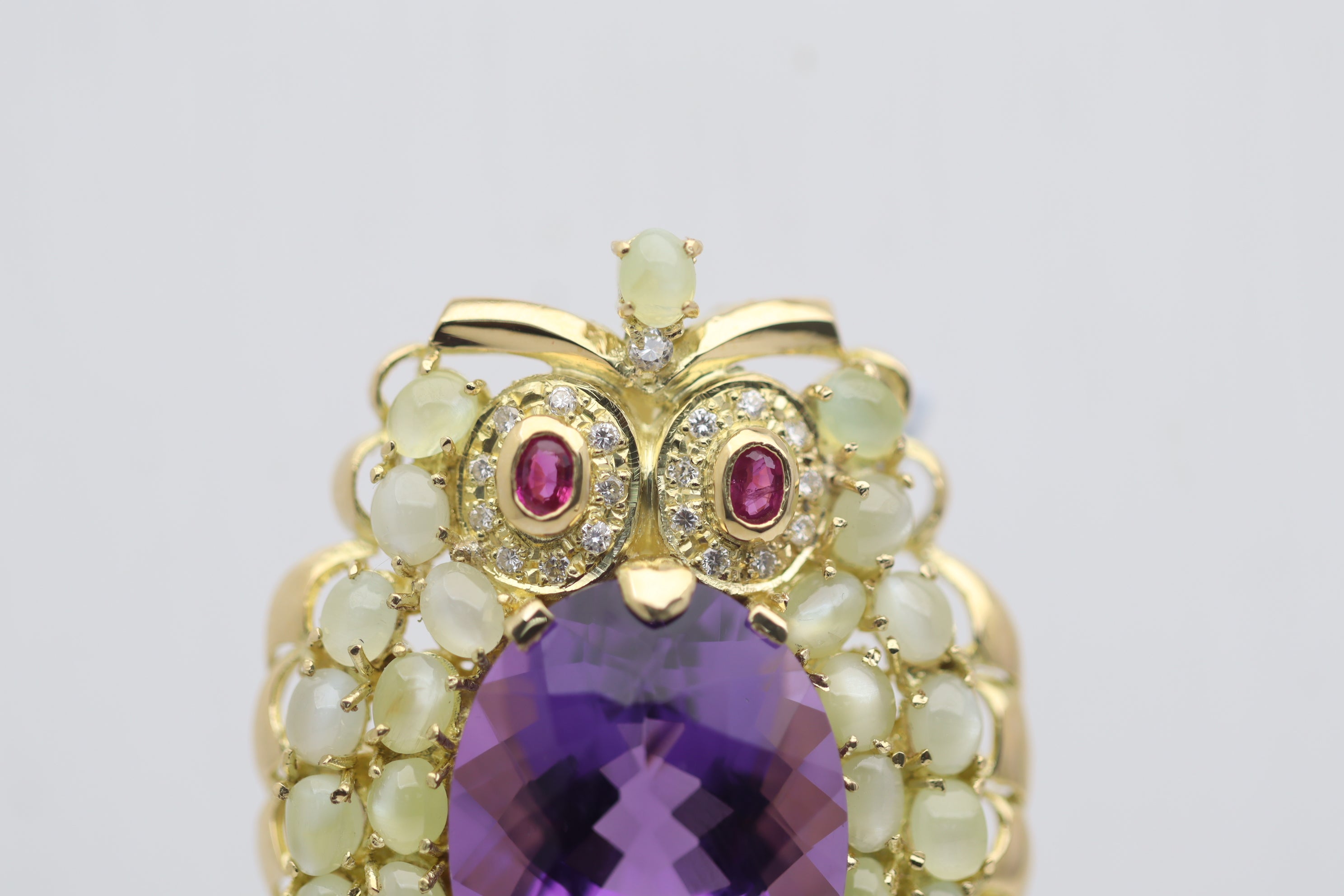 Amethyst Cats Eye Chrysoberyl Diamond Ruby Gold Owl Brooch
