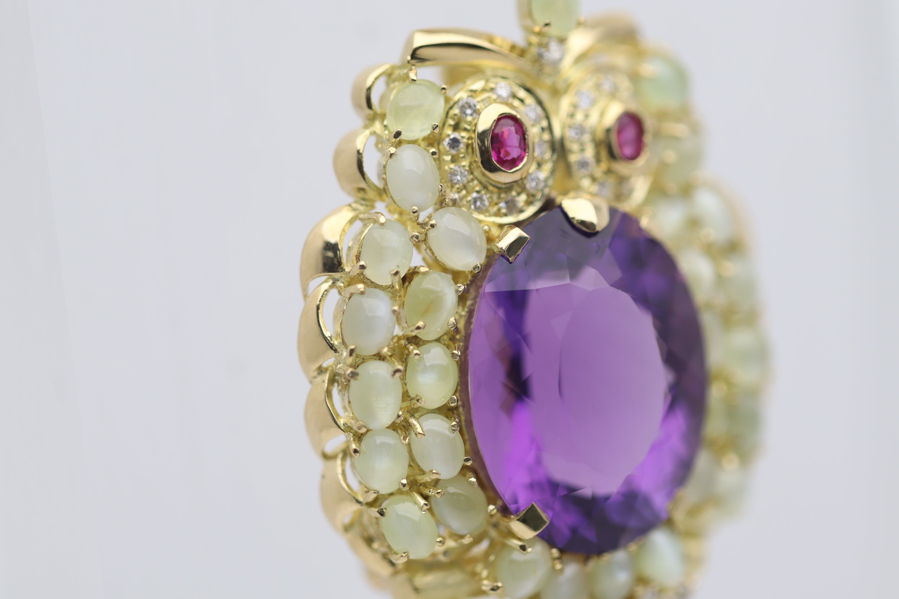Amethyst Cats Eye Chrysoberyl Diamond Ruby Gold Owl Brooch