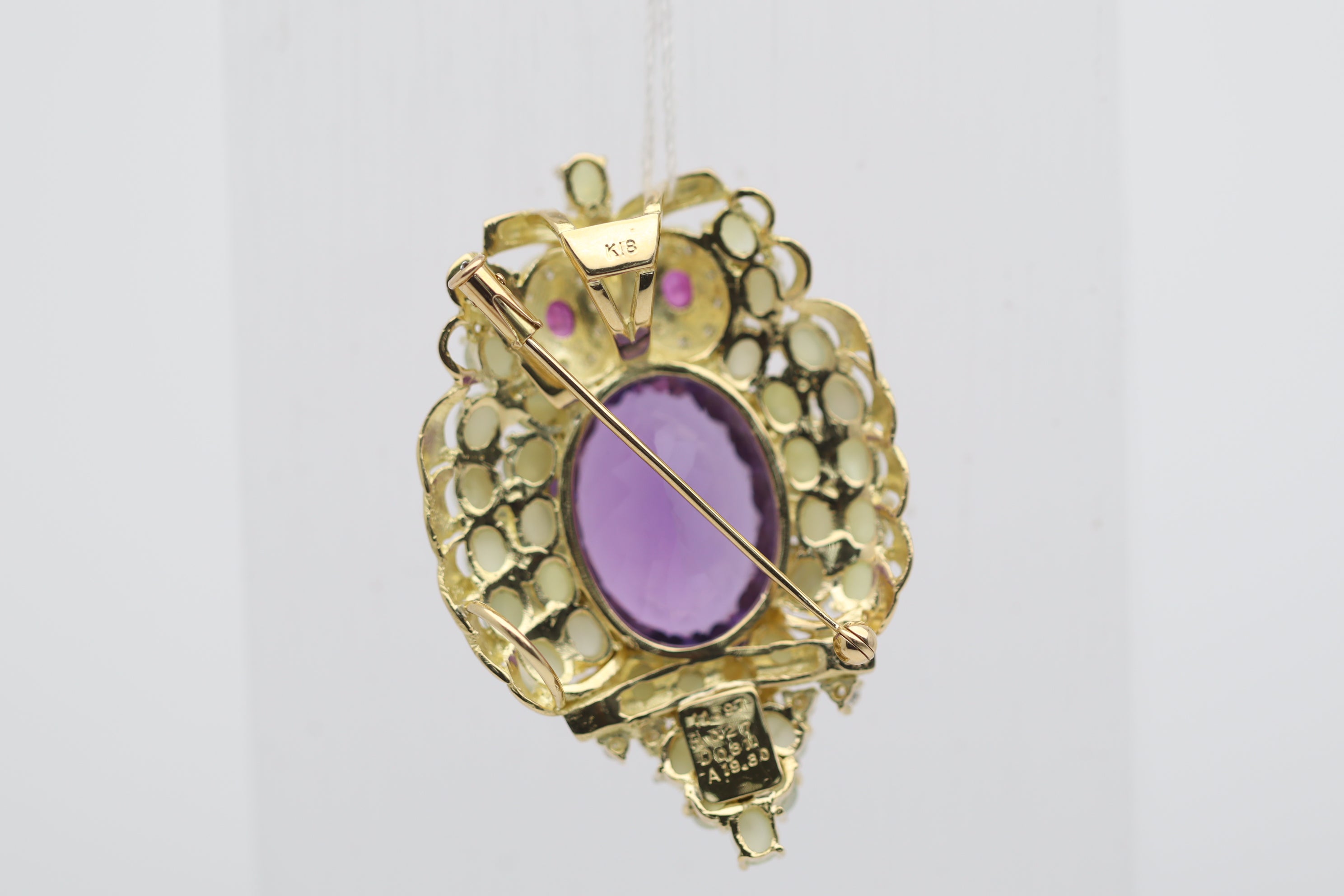 Amethyst Cats Eye Chrysoberyl Diamond Ruby Gold Owl Brooch