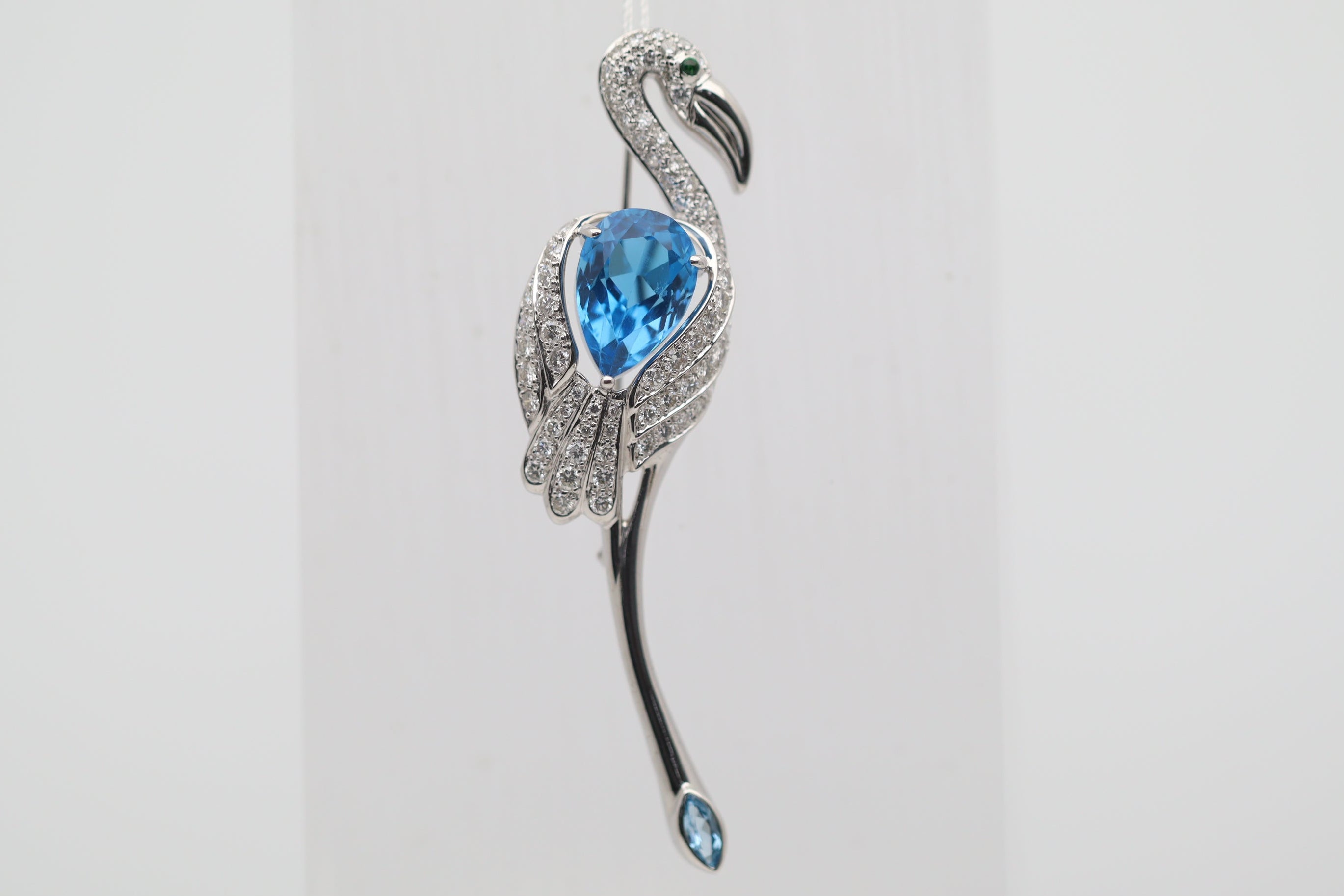 Blue Topaz Diamond Gold Flamingo Brooch Pin