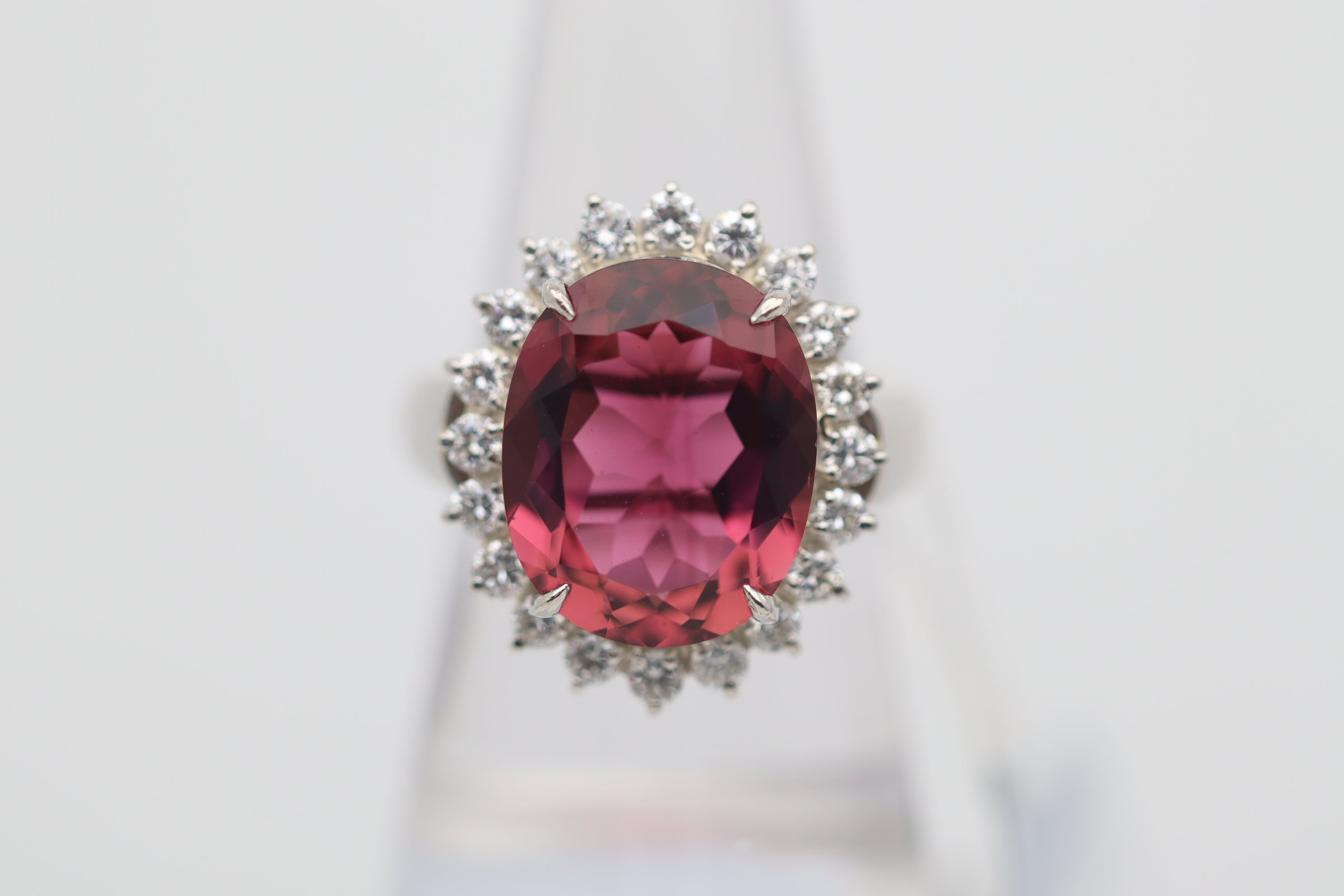 9.11 Carat Pink Tourmaline Diamond Halo Platinum Ring