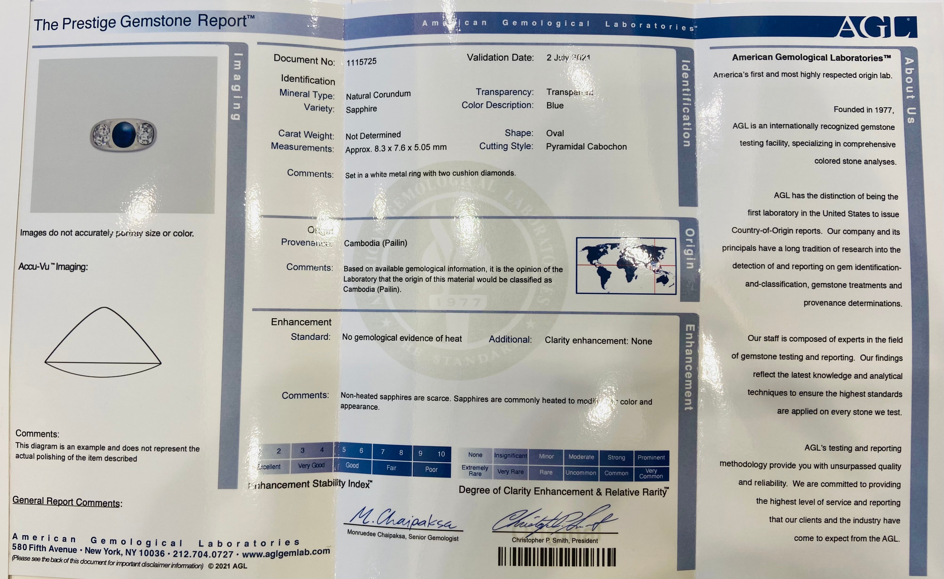 Antique-Style Sapphire Diamond 3-Stone Platinum Ring, AGL Certified