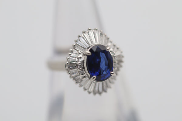 2.03 Carat Blue Sapphire Diamond Platinum Ballerina Ring