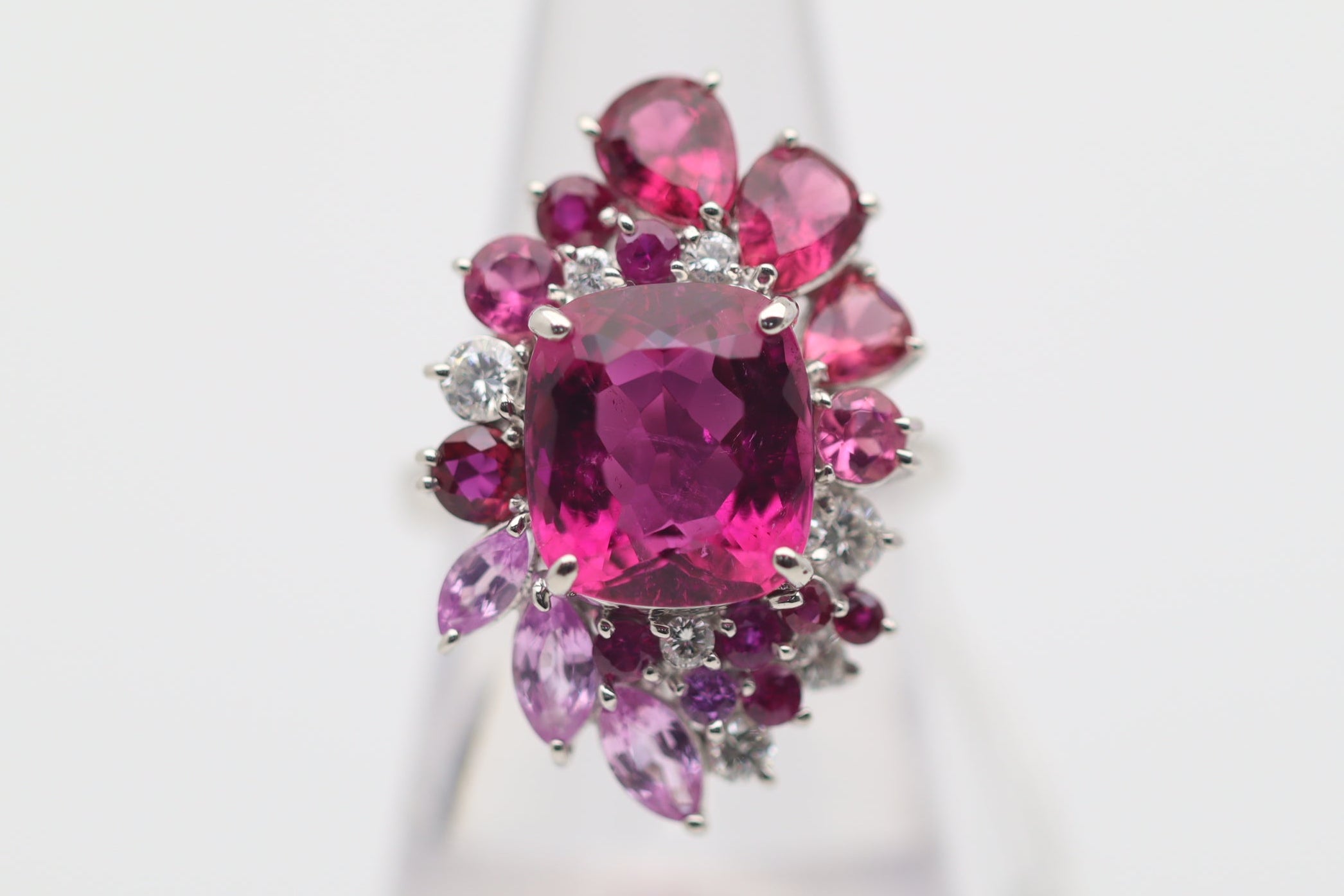 Superb Rubellite Tourmaline Diamond Platinum Sunburst Ring