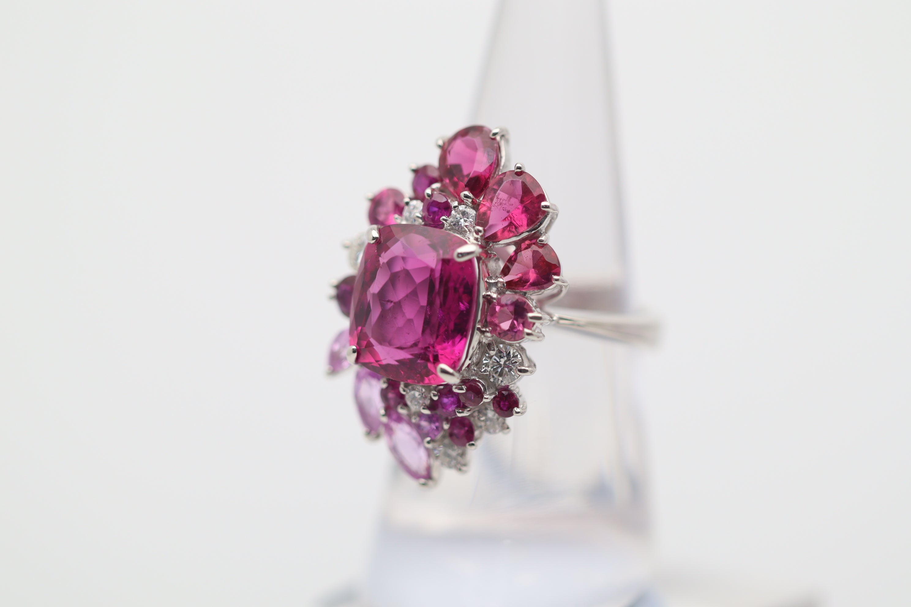 Superb Rubellite Tourmaline Diamond Platinum Sunburst Ring