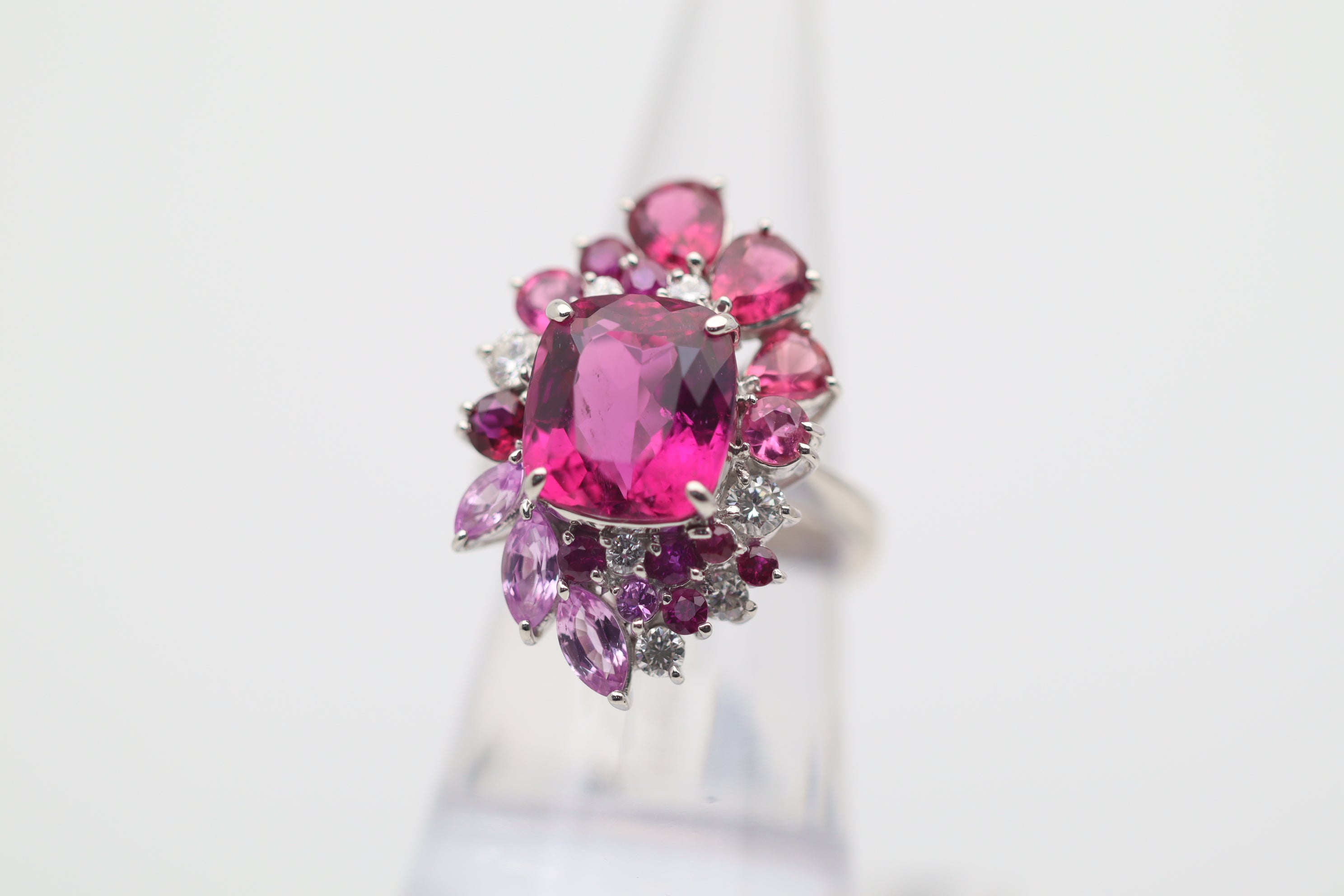 Superb Rubellite Tourmaline Diamond Platinum Sunburst Ring
