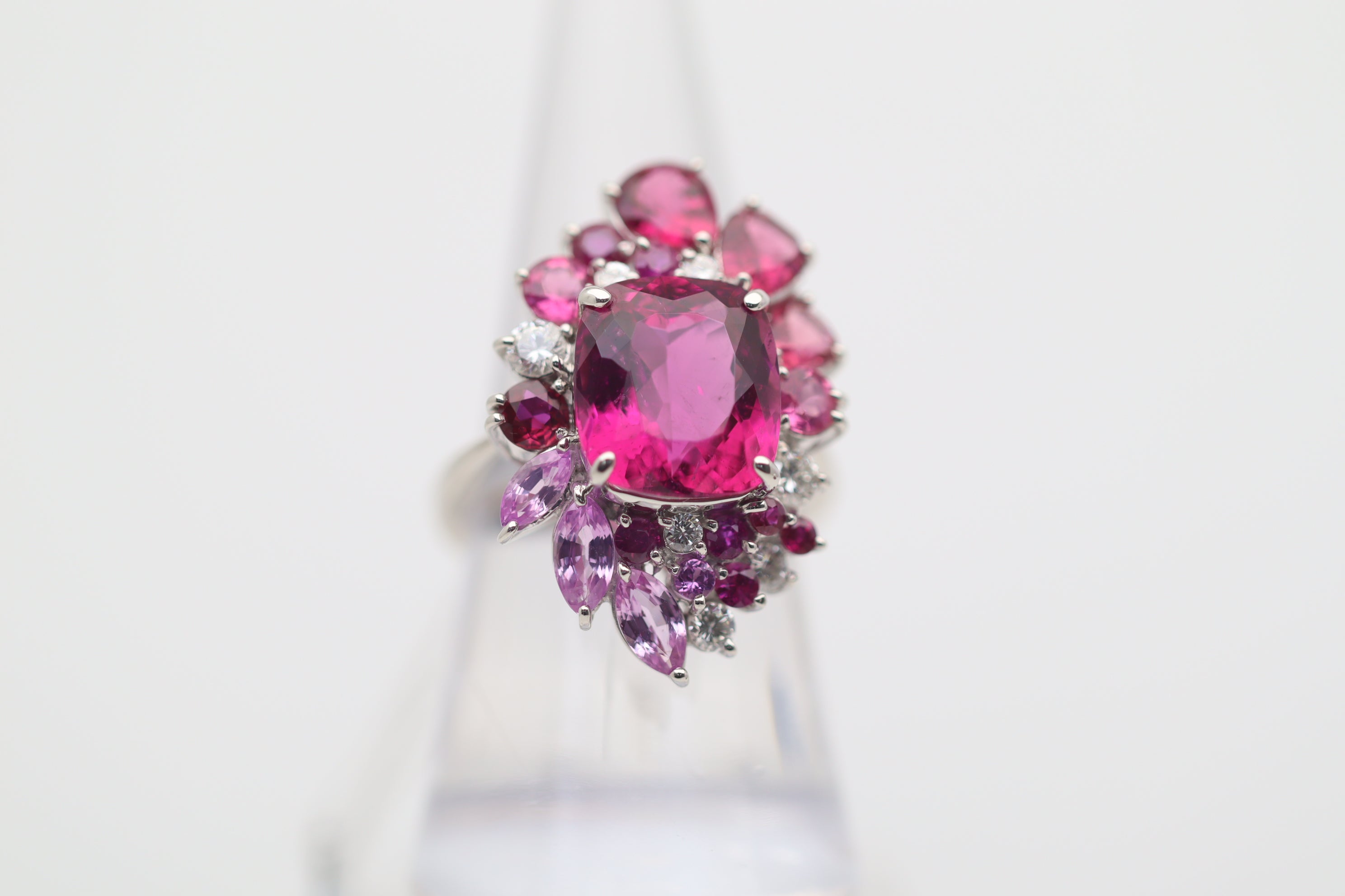 Superb Rubellite Tourmaline Diamond Platinum Sunburst Ring