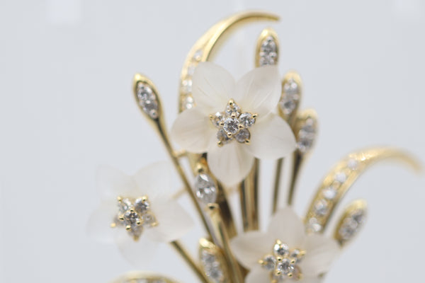 Diamond Carved-Quartz Gold Flower Bouquet Brooch