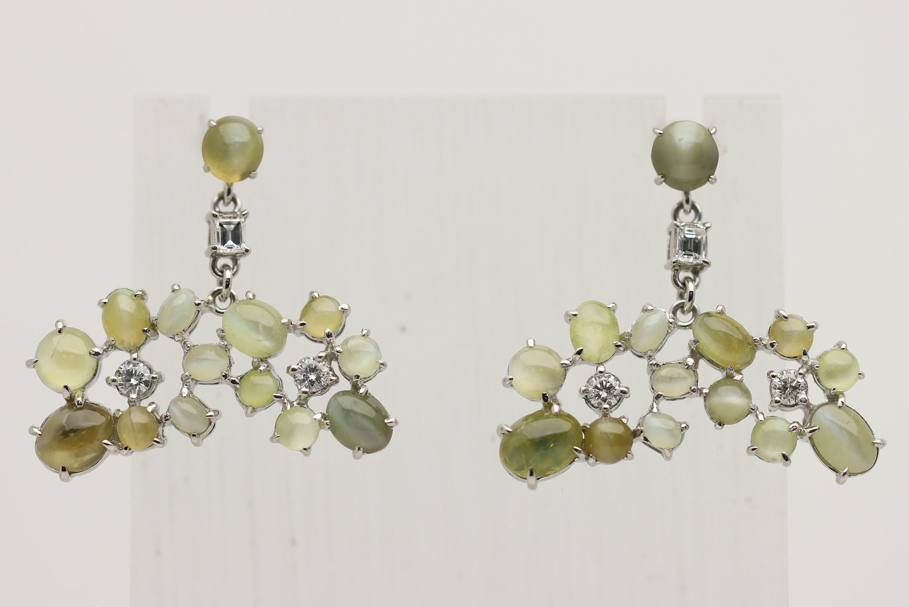 Cats Eye Chrysoberyl Diamond Platinum Drop Earrings
