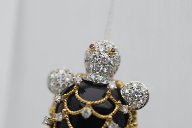 Diamond Onyx Gold & Platinum Sea-Turtle Pendant Brooch