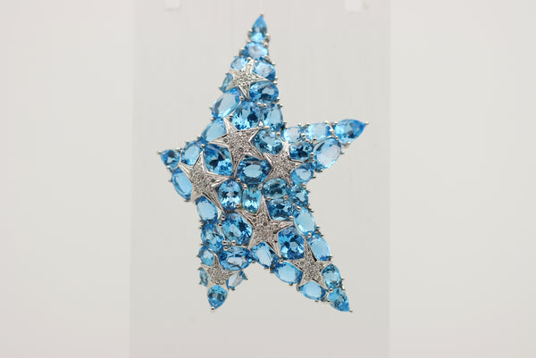 Large Blue Topaz Diamond Gold Starfish Brooch