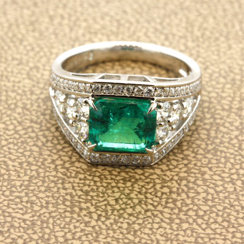 Colombian Emerald Diamond Platinum Ring, GRS Certified Insignificant Oil