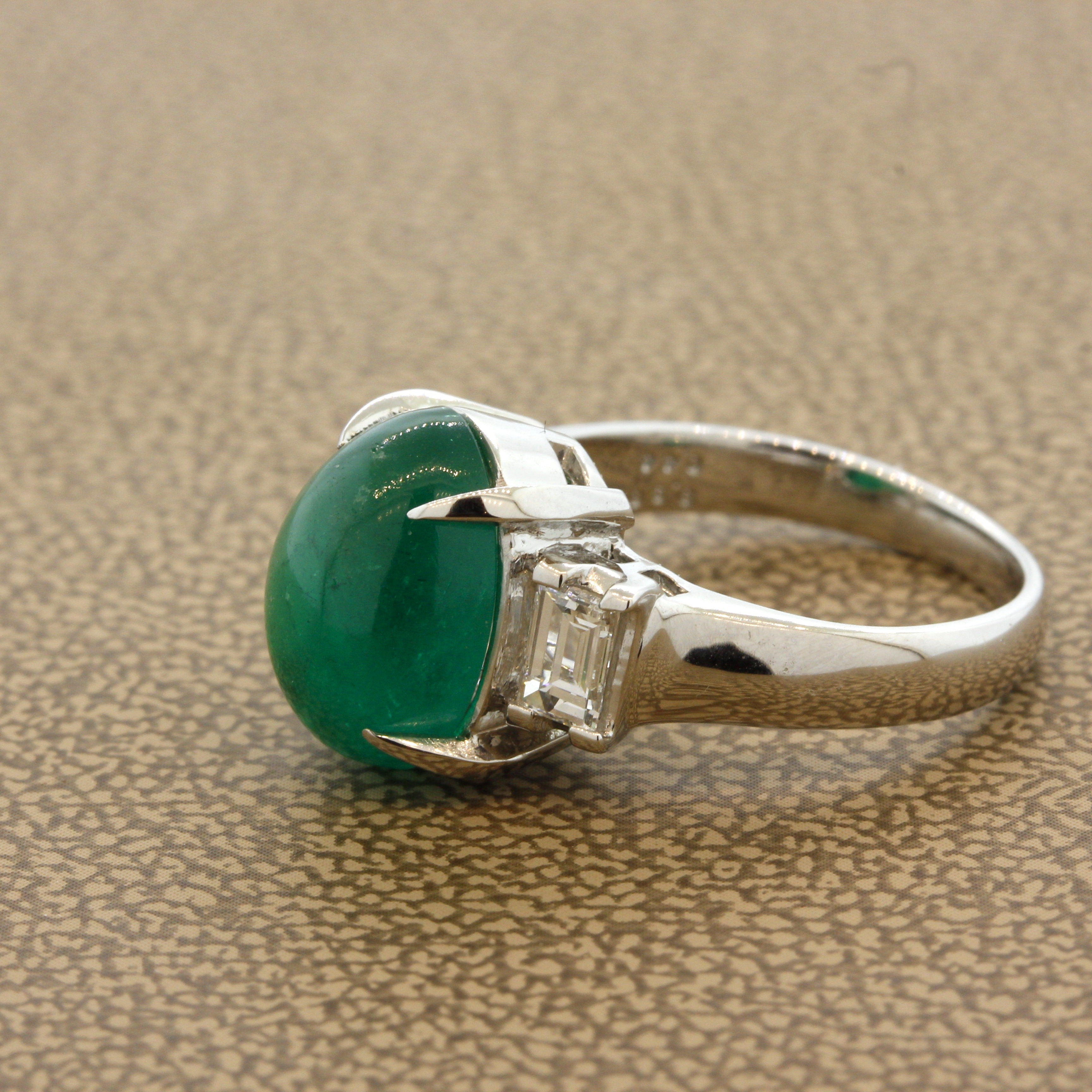 Cabochon Emerald Diamond 3-Stone Platinum Ring