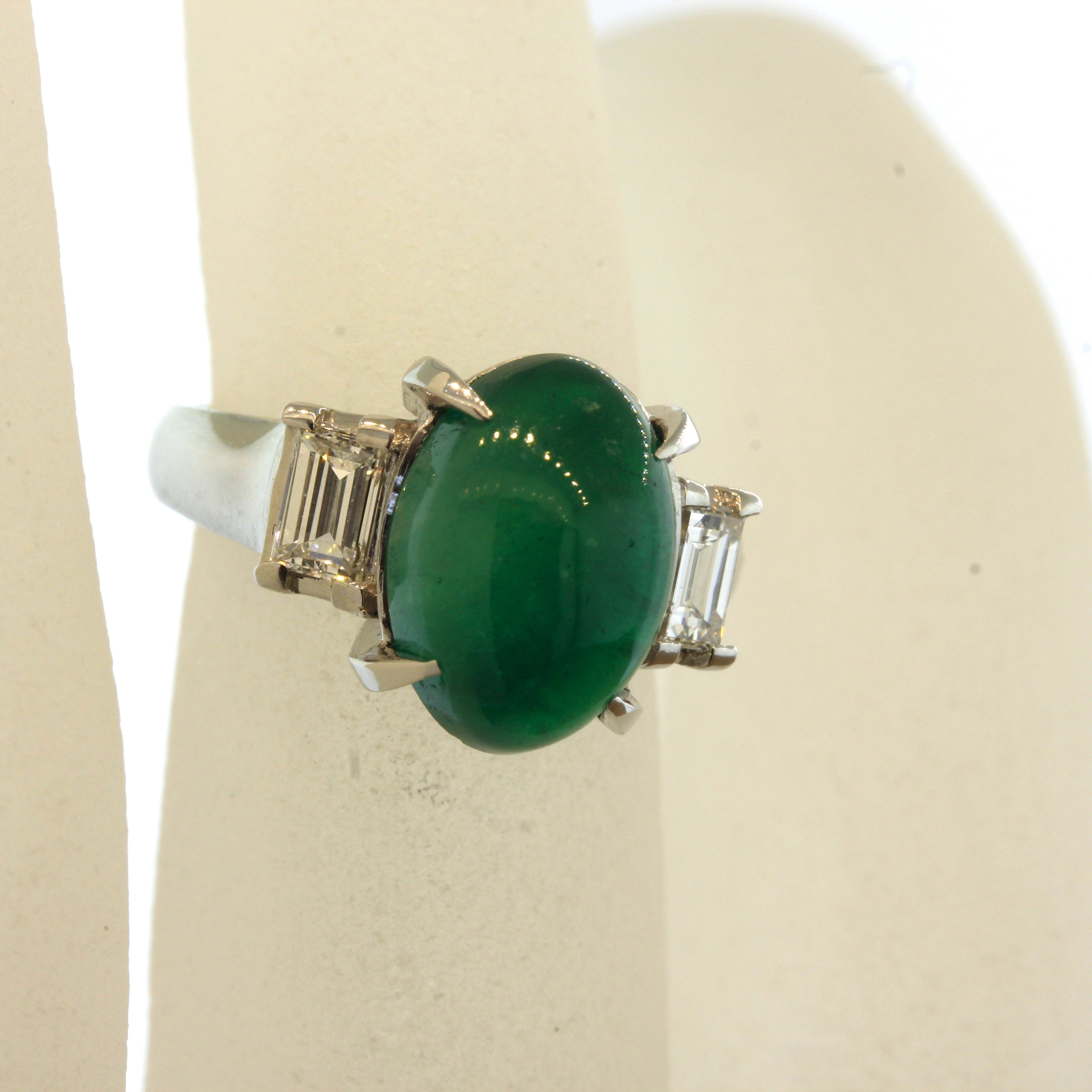 Cabochon Emerald Diamond 3-Stone Platinum Ring