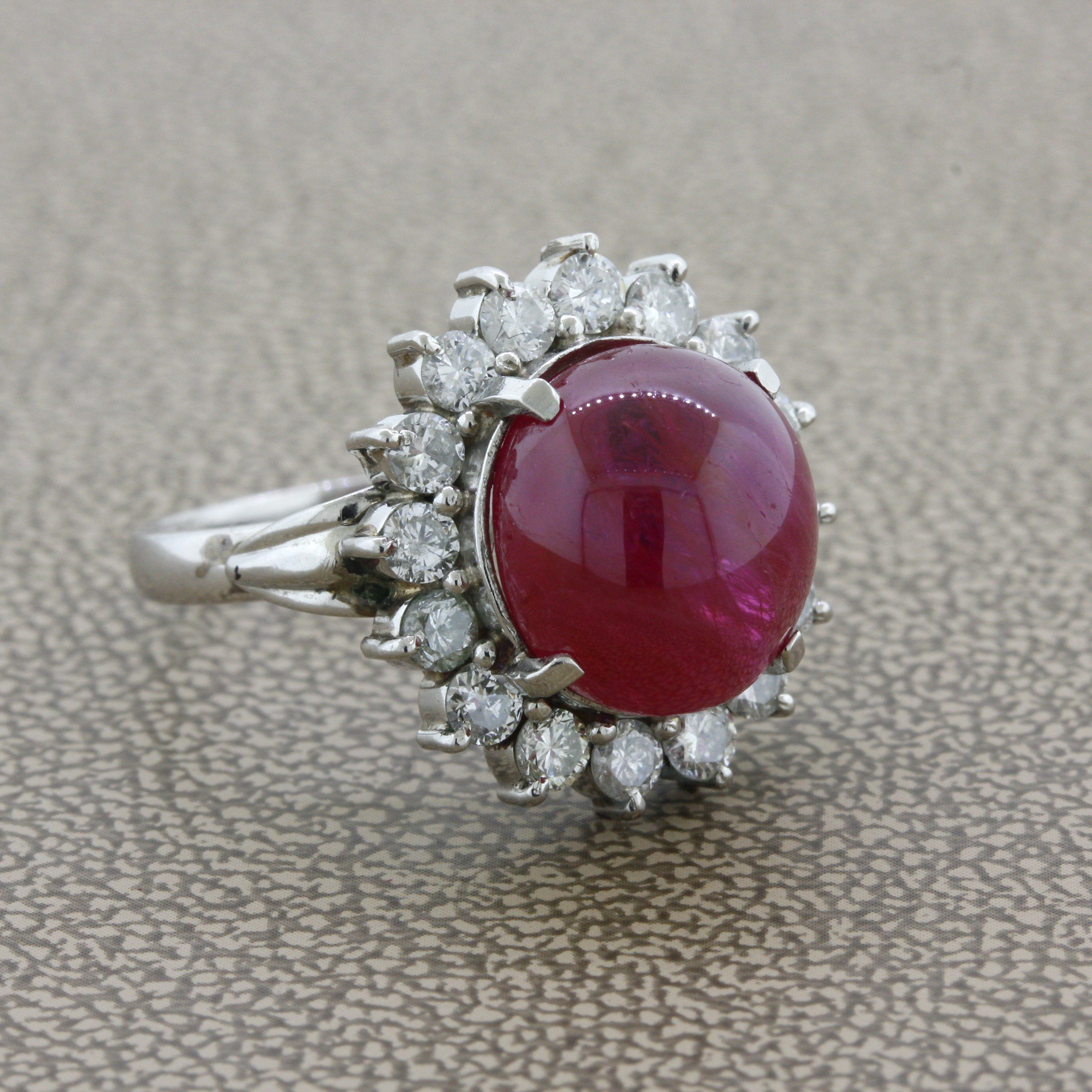 10.30 Carat No-Heat Ruby Cabochon Diamond Platinum Ring, GIA Certified