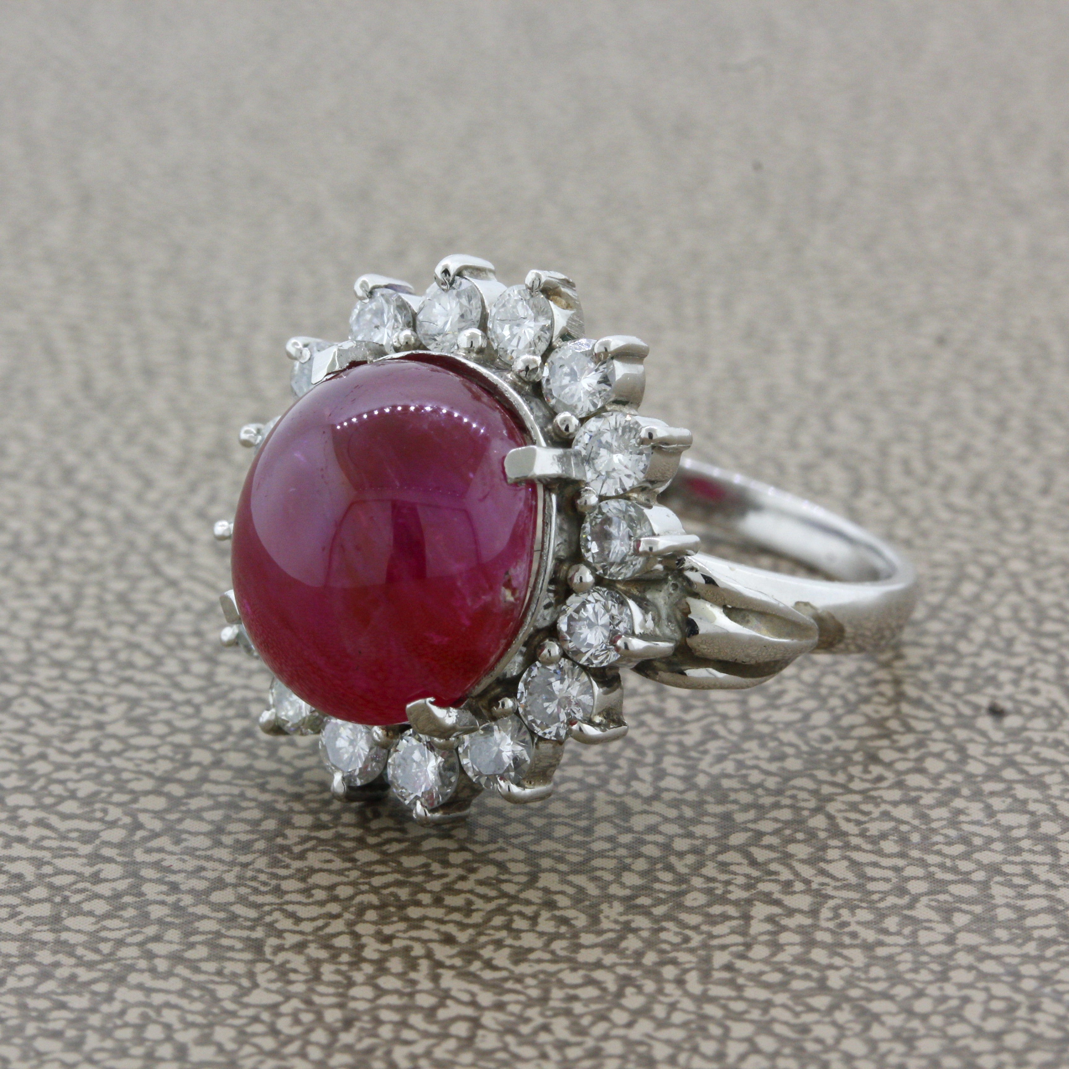10.30 Carat No-Heat Ruby Cabochon Diamond Platinum Ring, GIA Certified