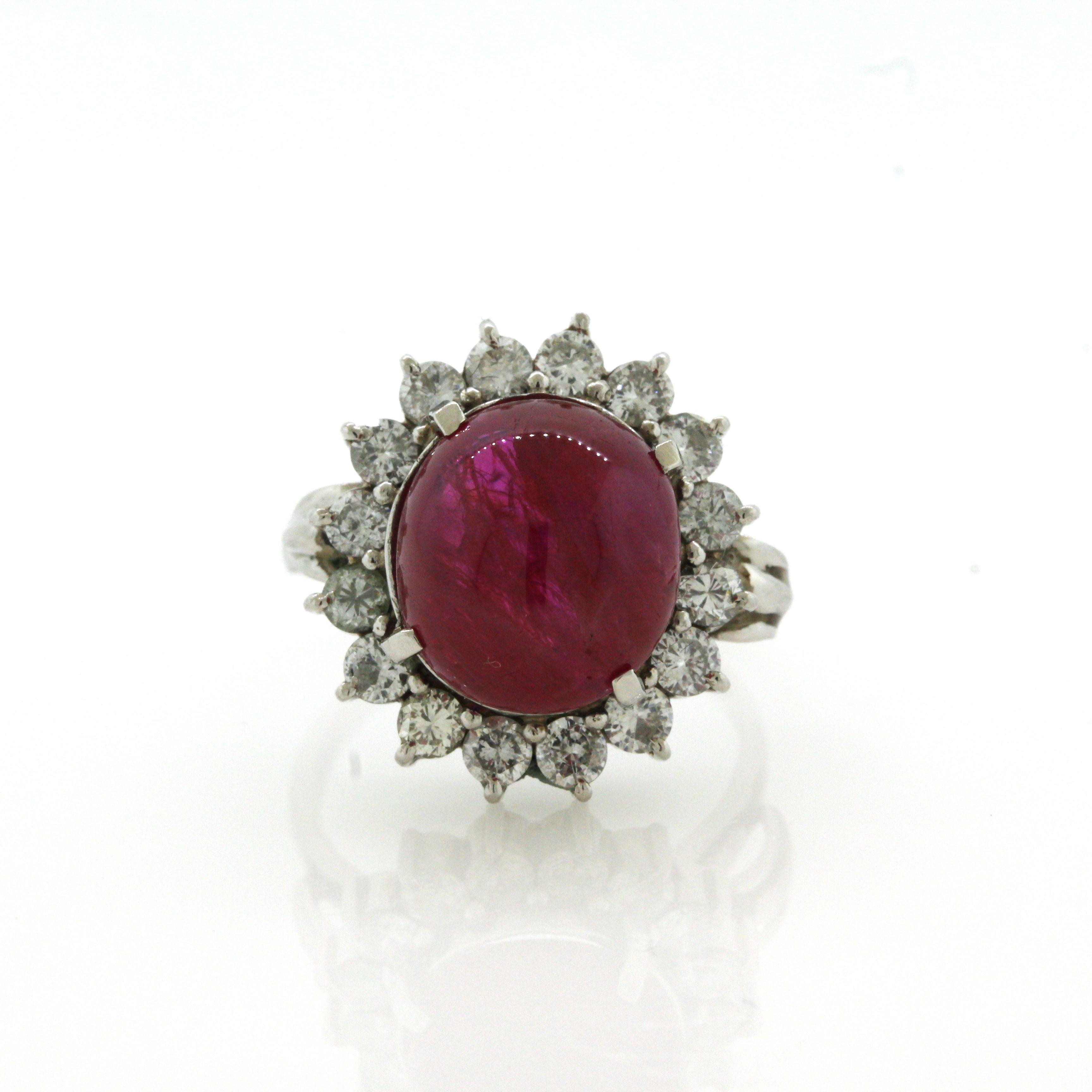 10.30 Carat No-Heat Ruby Cabochon Diamond Platinum Ring, GIA Certified