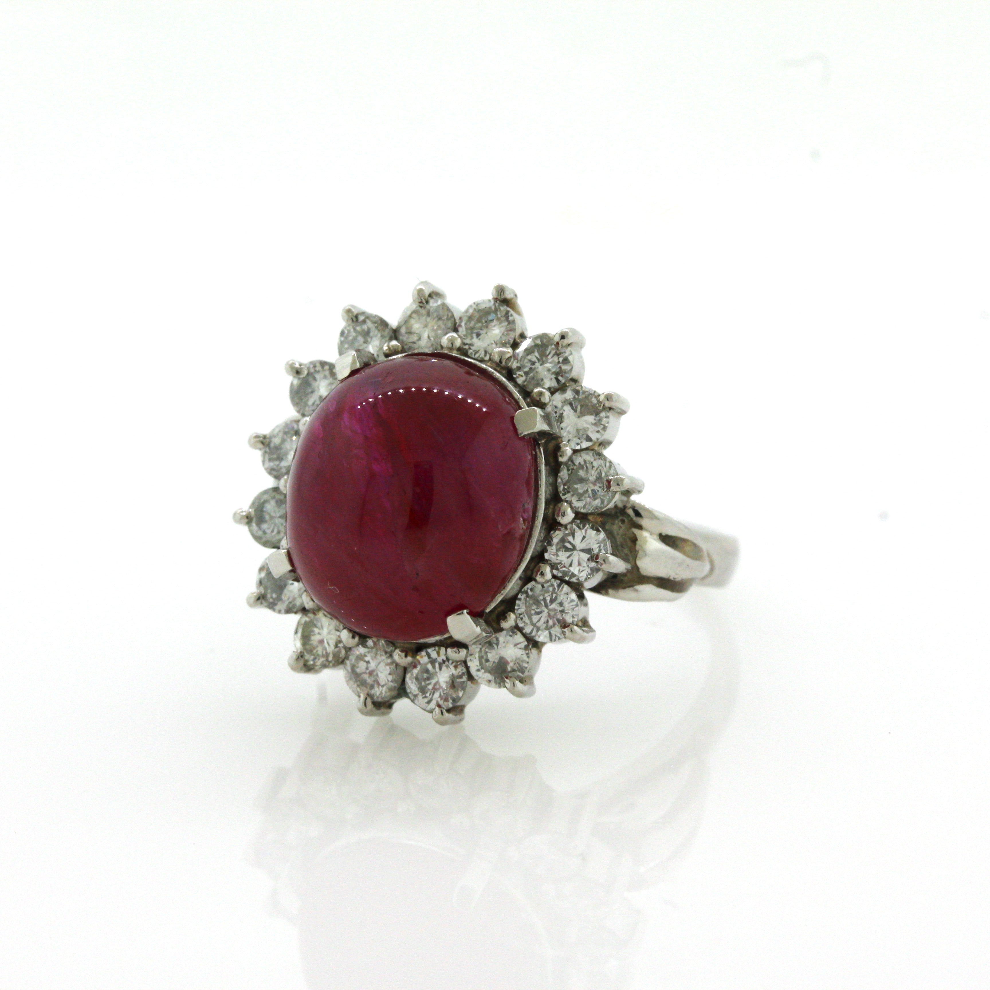 10.30 Carat No-Heat Ruby Cabochon Diamond Platinum Ring, GIA Certified