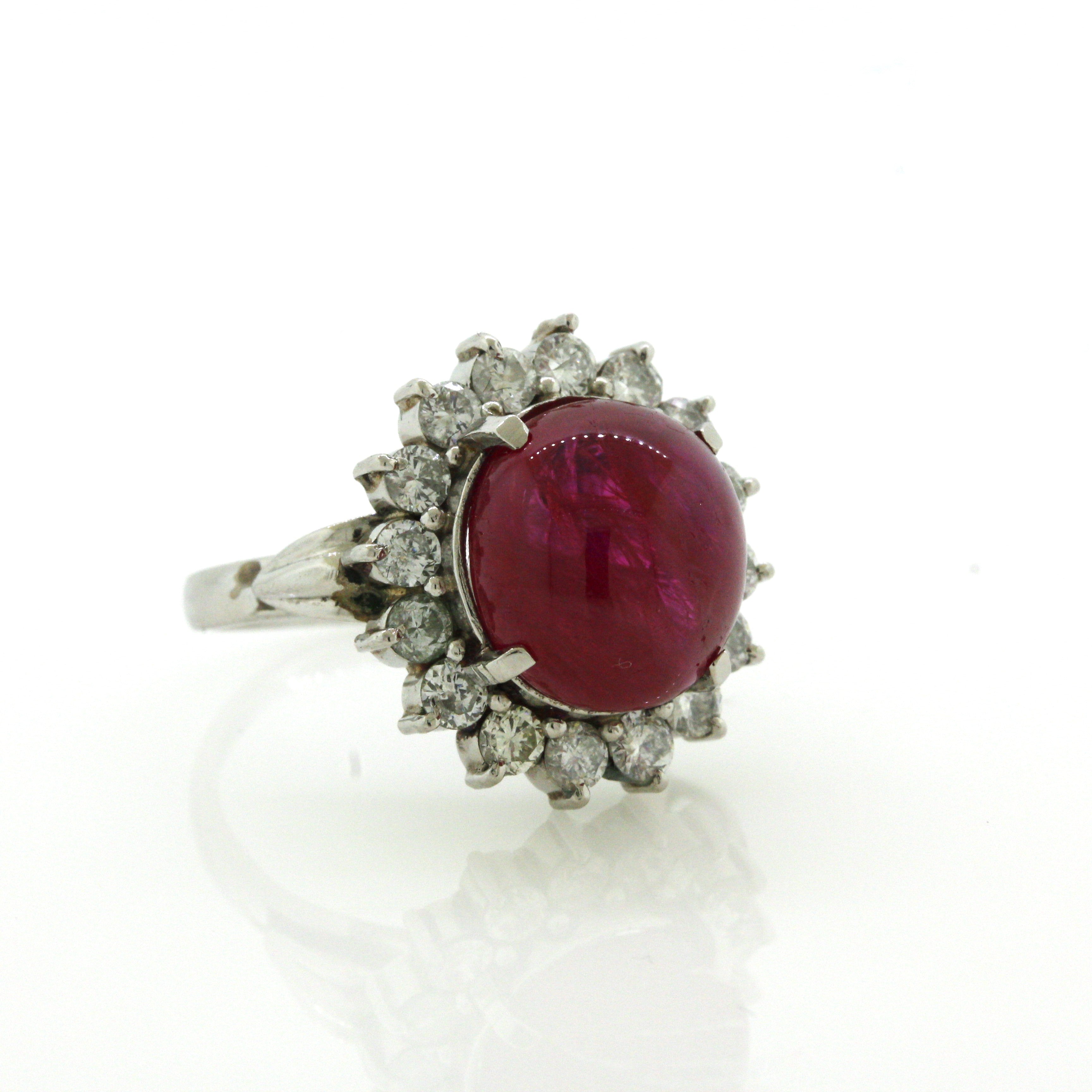10.30 Carat No-Heat Ruby Cabochon Diamond Platinum Ring, GIA Certified