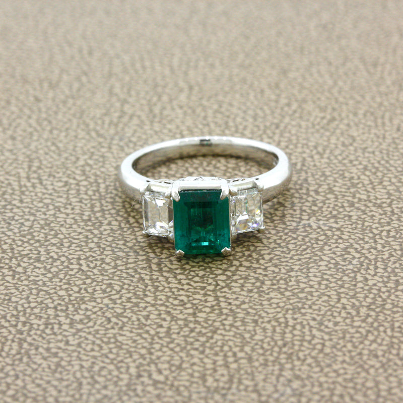 1.21 Carat Emerald Diamond 3-Stone Platinum Ring
