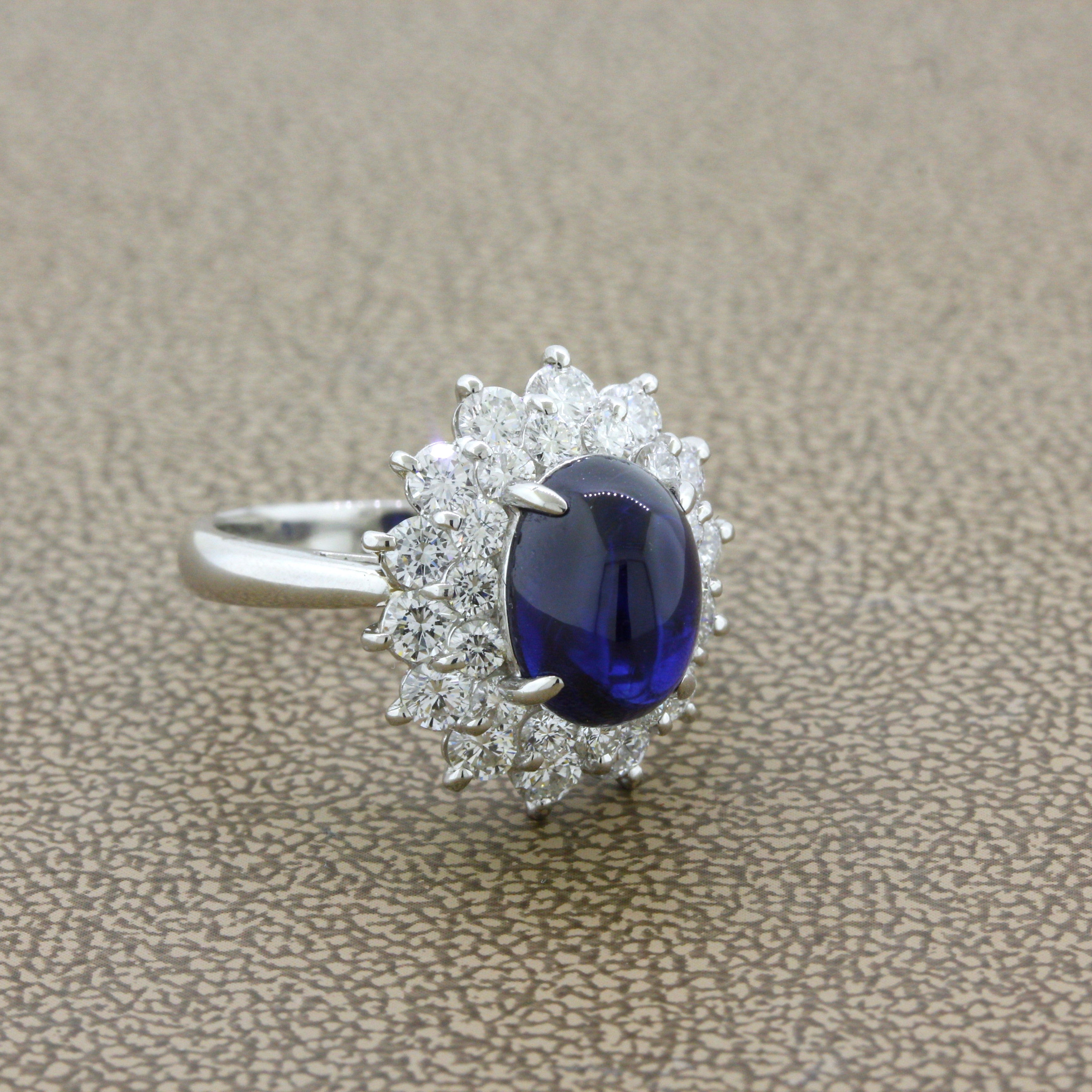 4.90 Carat Royal-Blue Cabochon Sapphire Diamond Platinum Ring