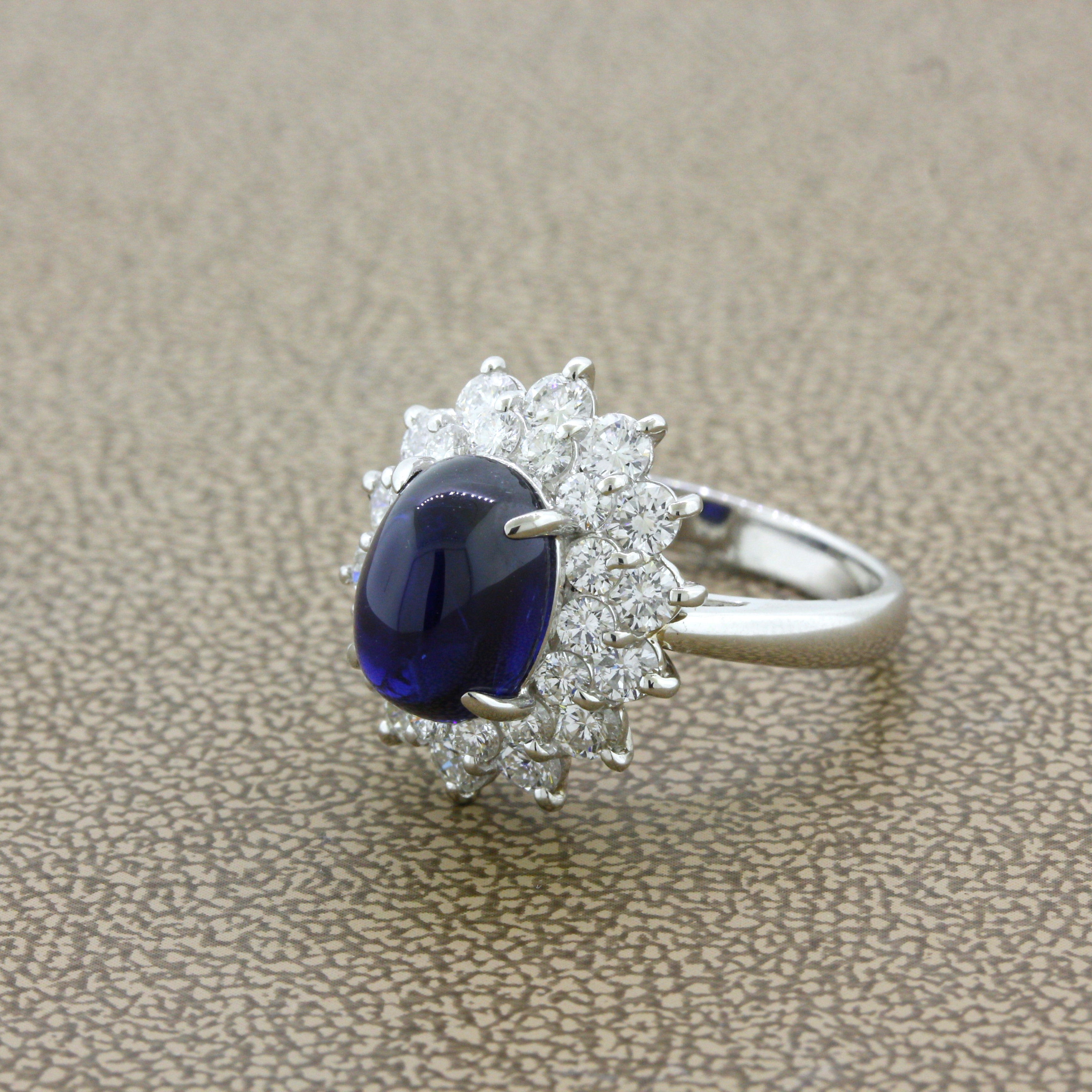 4.90 Carat Royal-Blue Cabochon Sapphire Diamond Platinum Ring