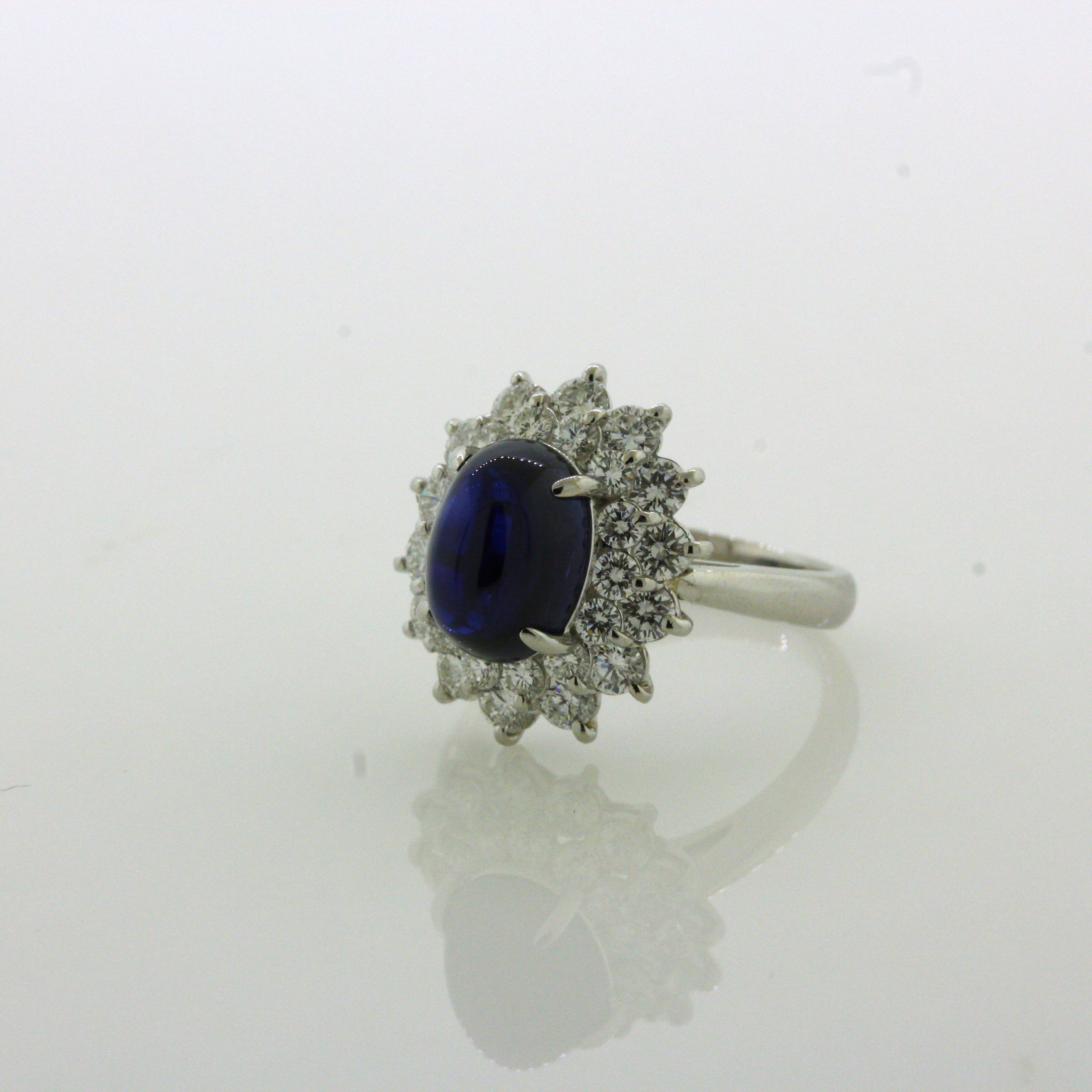 4.90 Carat Royal-Blue Cabochon Sapphire Diamond Platinum Ring