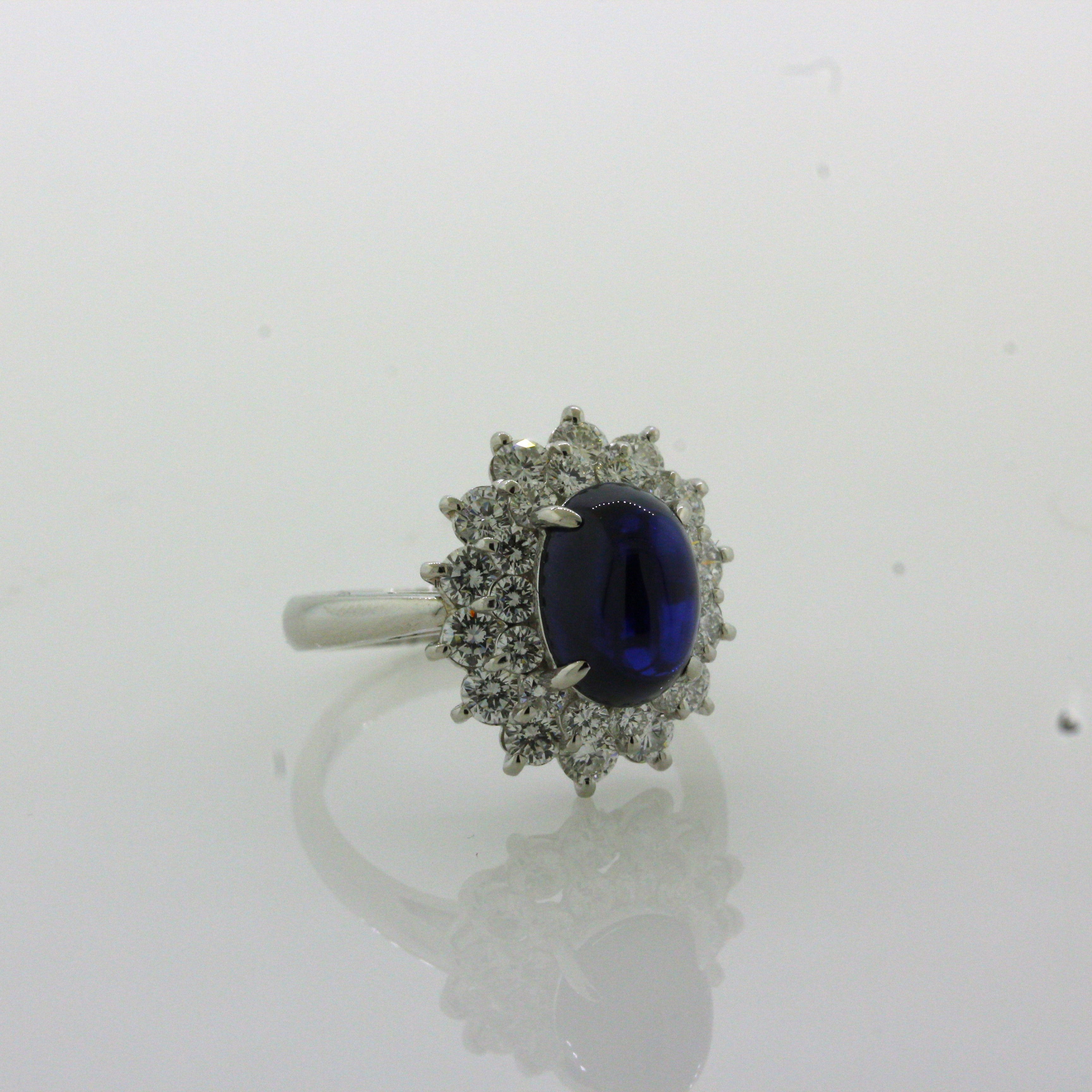4.90 Carat Royal-Blue Cabochon Sapphire Diamond Platinum Ring