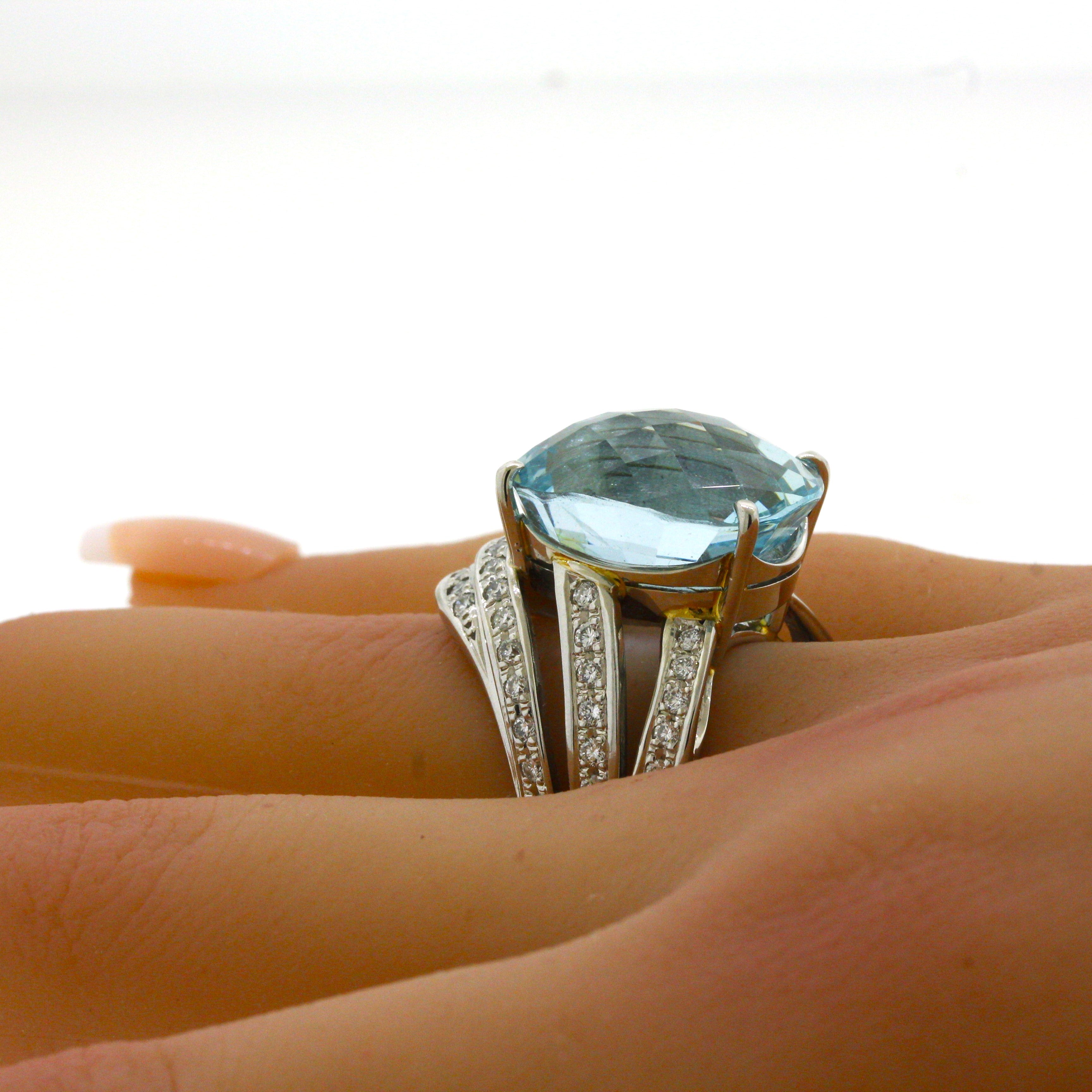 Large 20.10 Carat Aquamarine Diamond Platinum Cocktail Ring