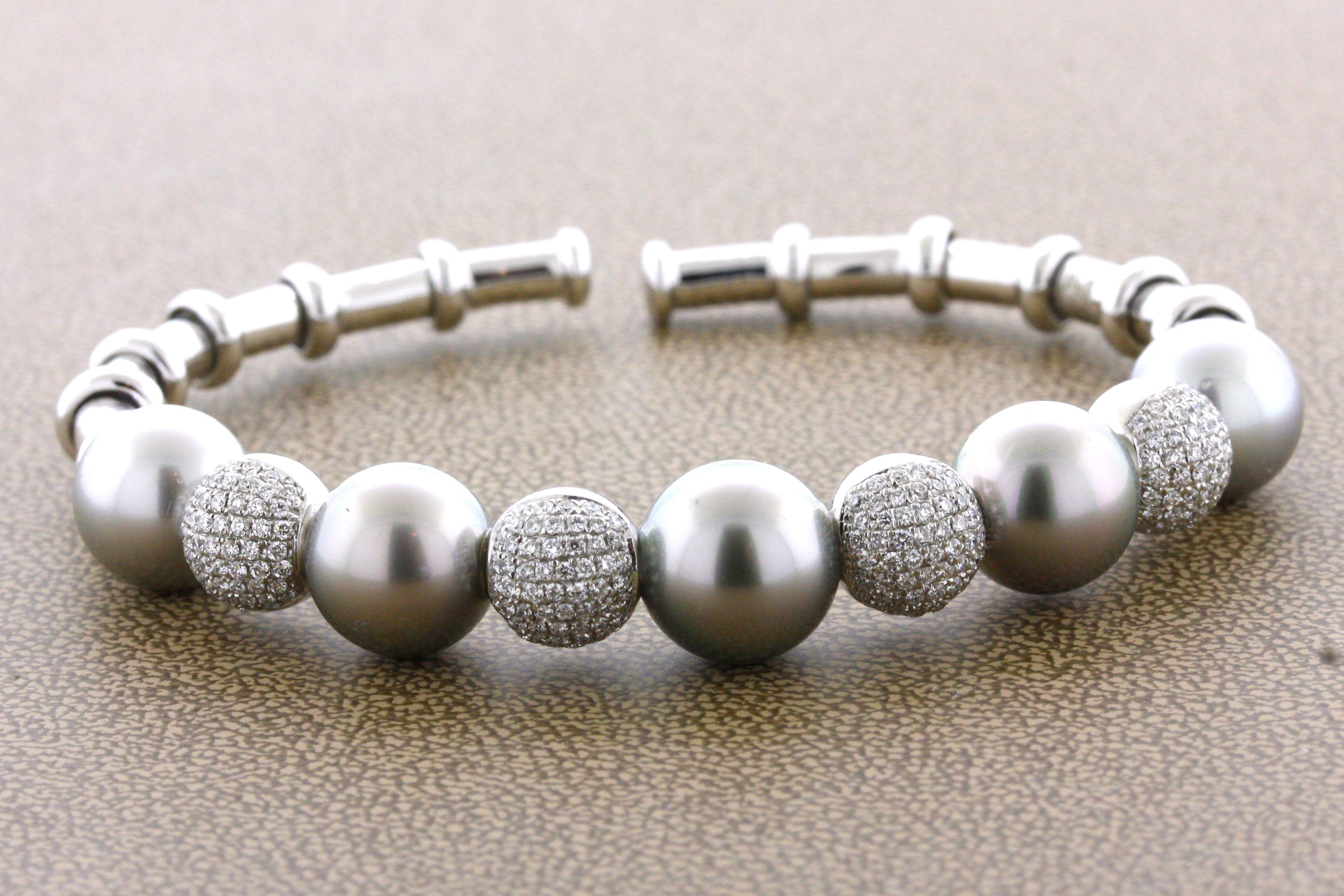 Tahitian Pearl Diamond Pave Gold Bangle Bracelet