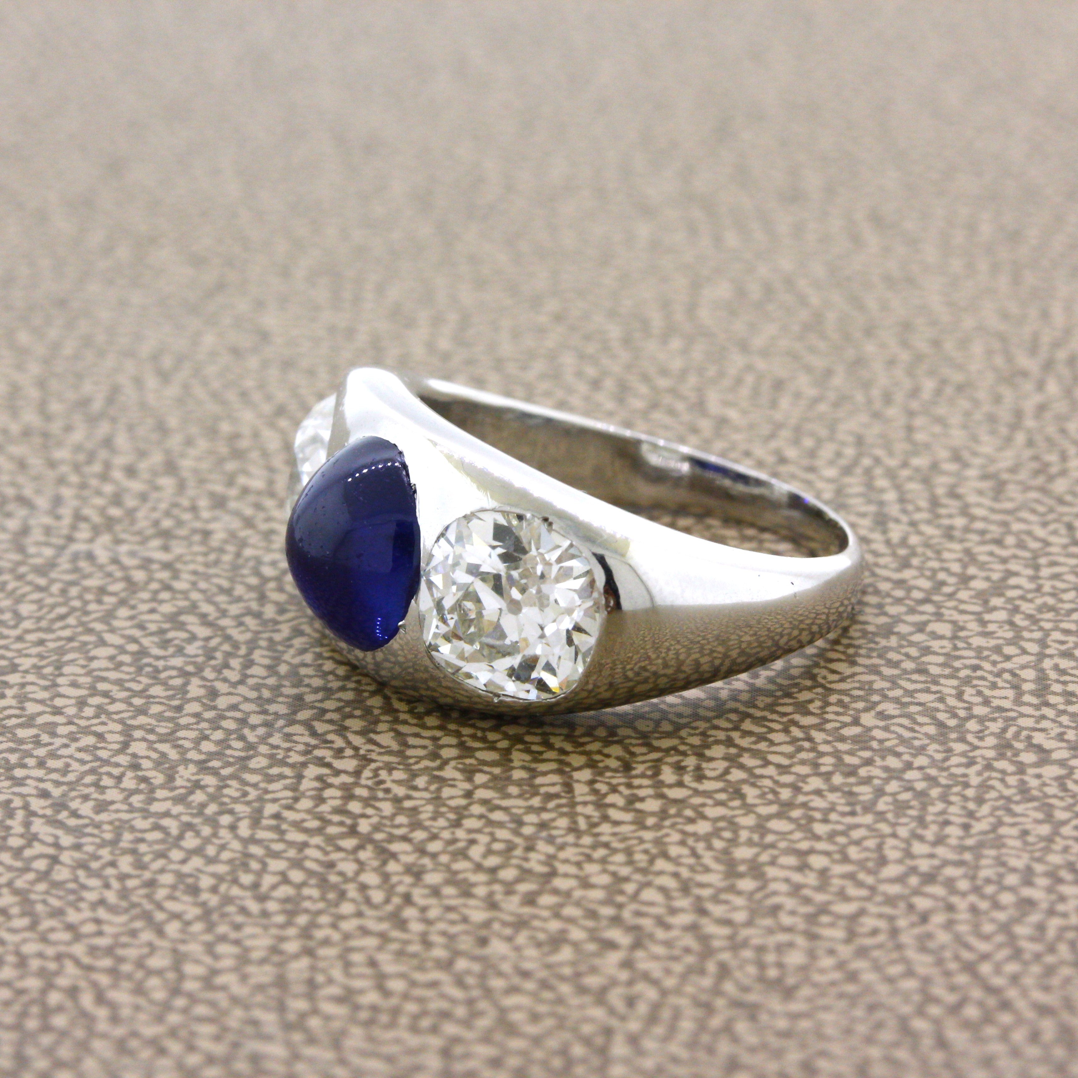 Antique-Style Sapphire Diamond 3-Stone Platinum Ring, AGL Certified