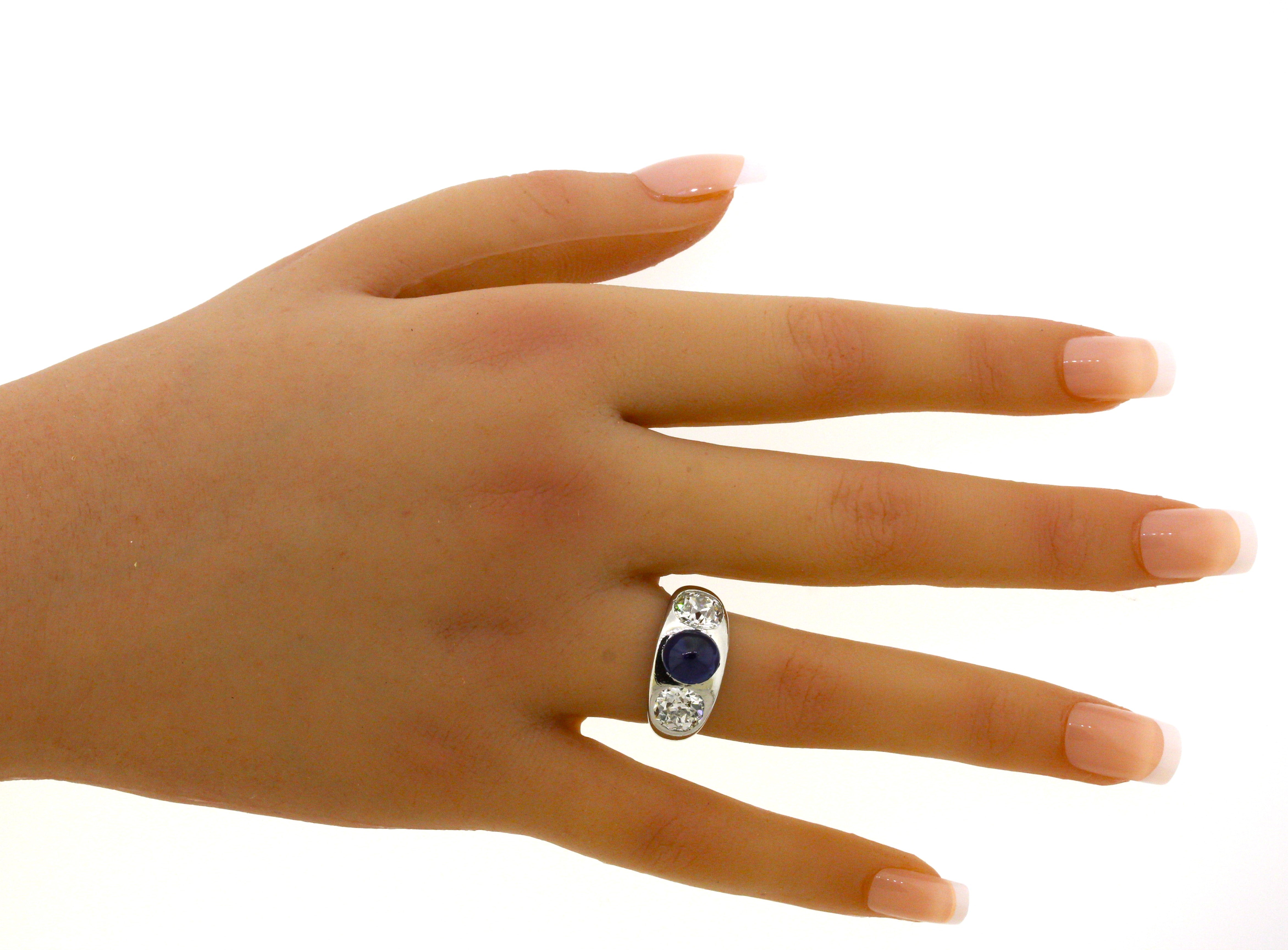 Antique-Style Sapphire Diamond 3-Stone Platinum Ring, AGL Certified
