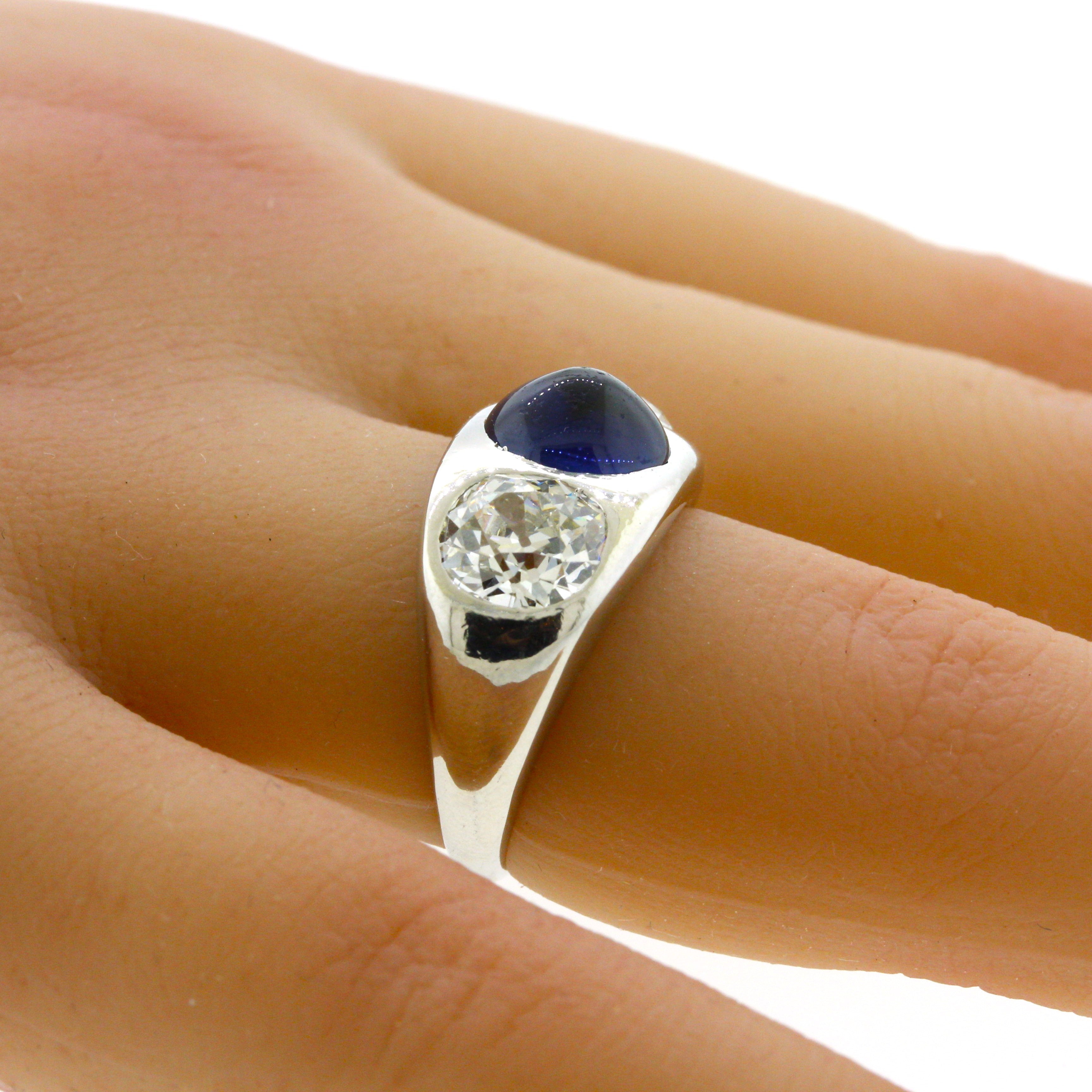 Antique-Style Sapphire Diamond 3-Stone Platinum Ring, AGL Certified